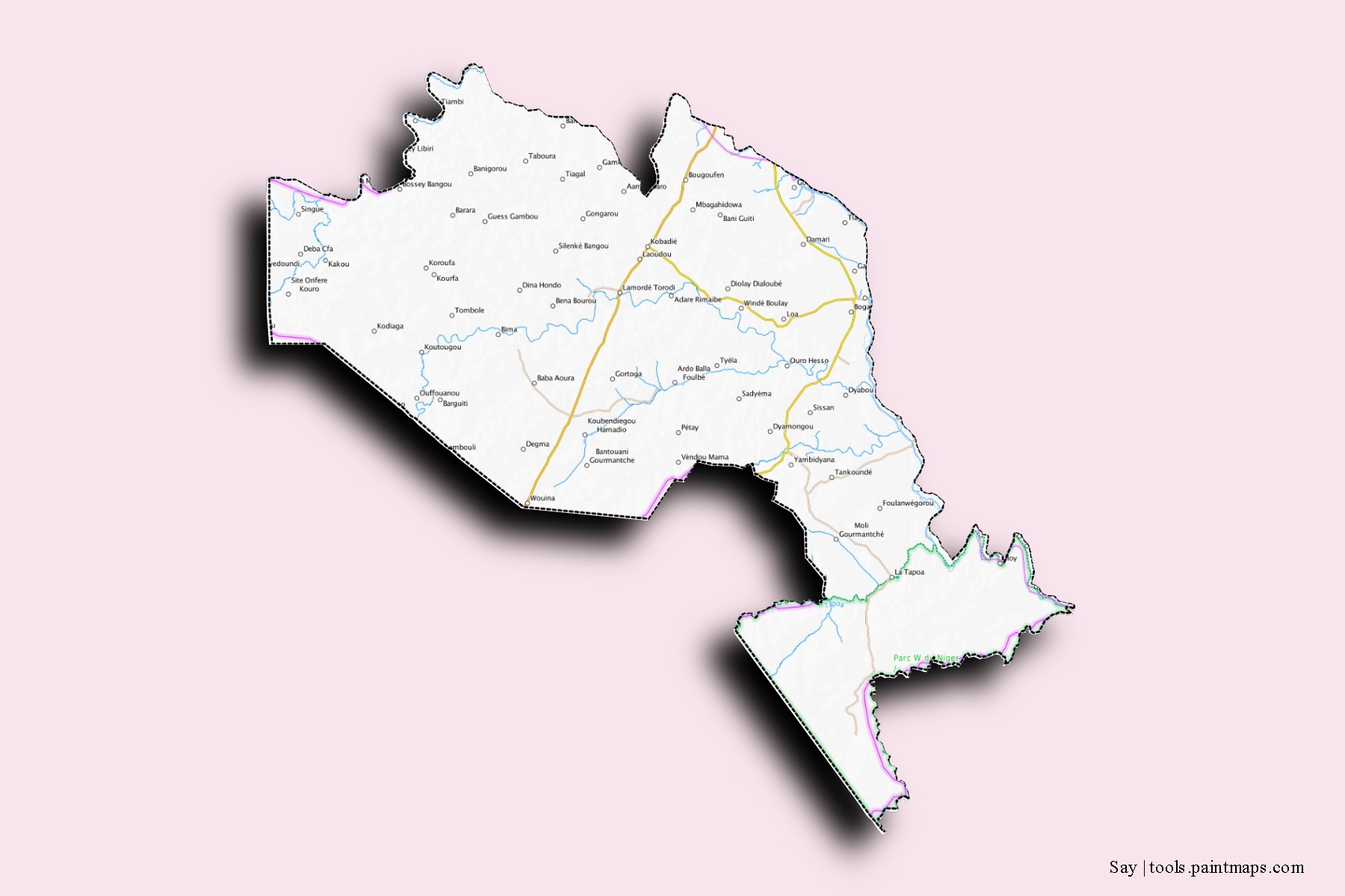 Mapa de barrios y pueblos de Say con efecto de sombra 3D