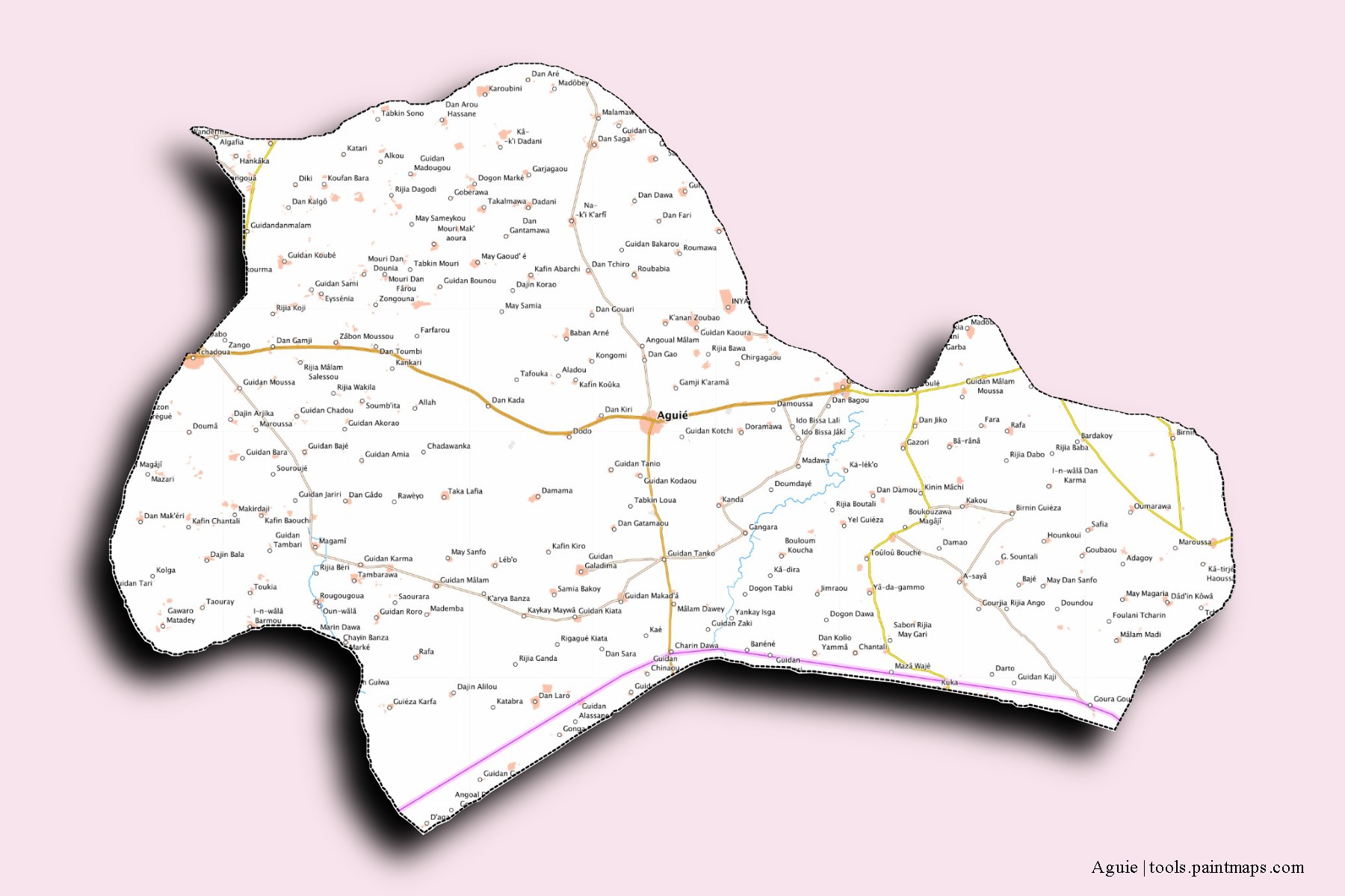 Mapa de barrios y pueblos de Aguie con efecto de sombra 3D