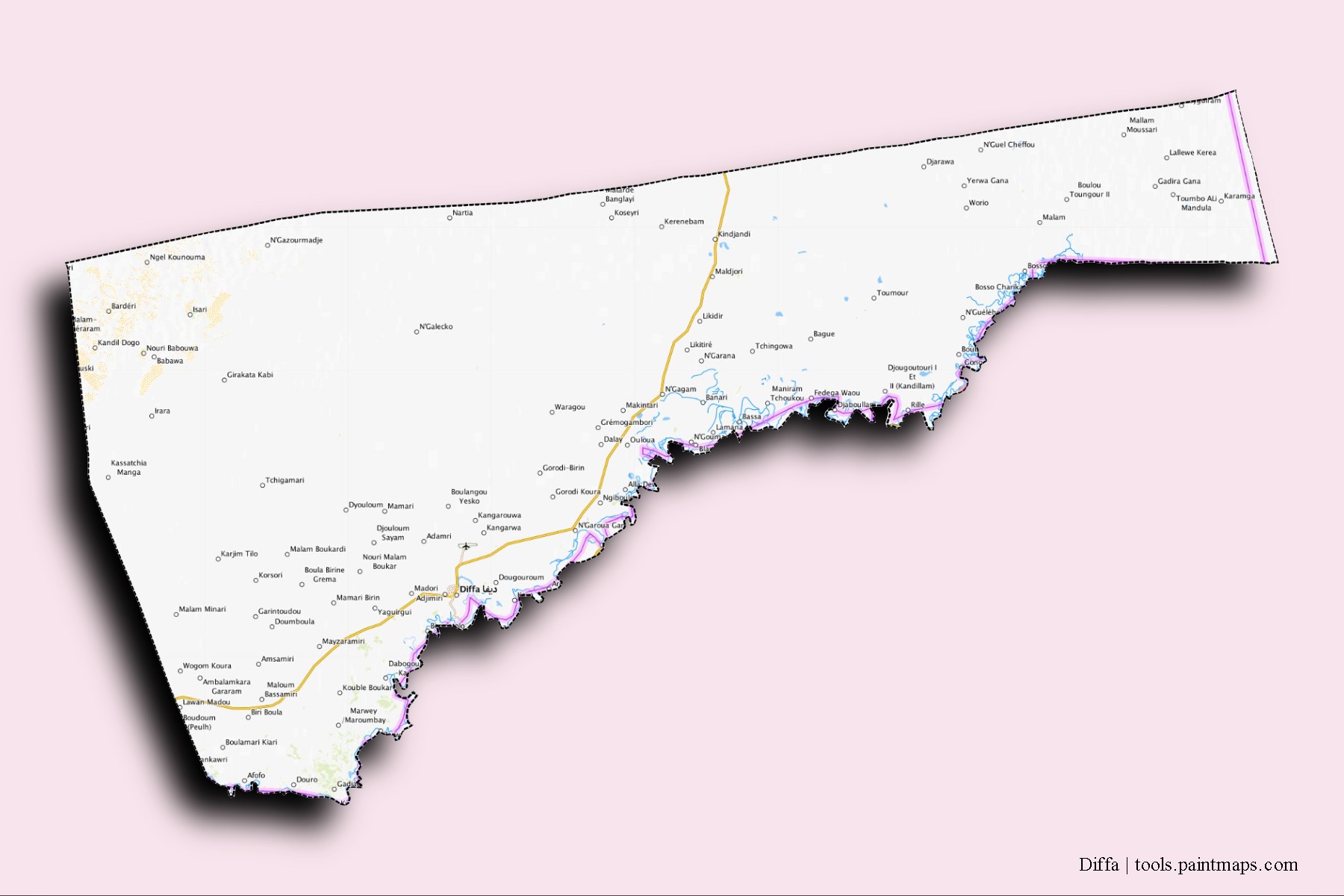 3D gölge efektli Diffa mahalleleri ve köyleri haritası