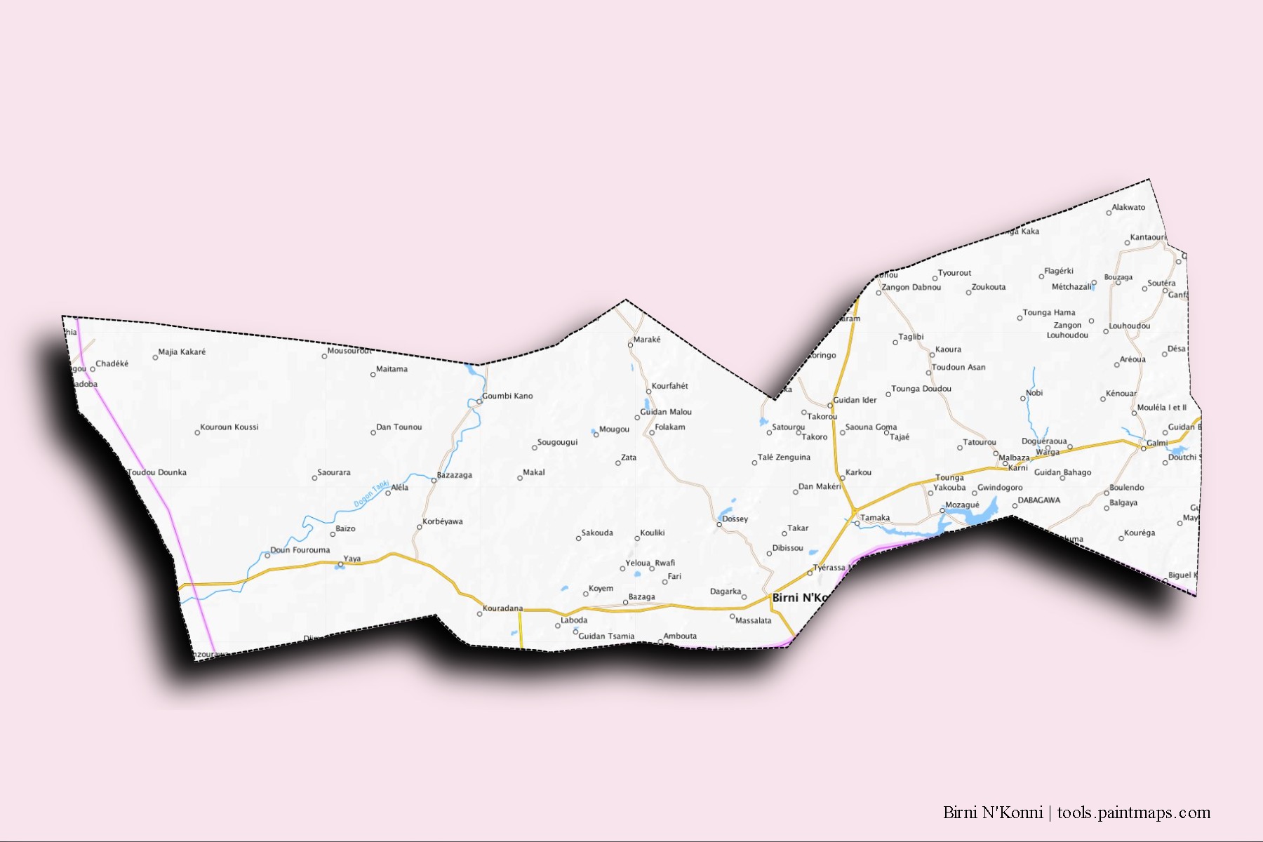 Mapa de barrios y pueblos de Birni N'Konni con efecto de sombra 3D