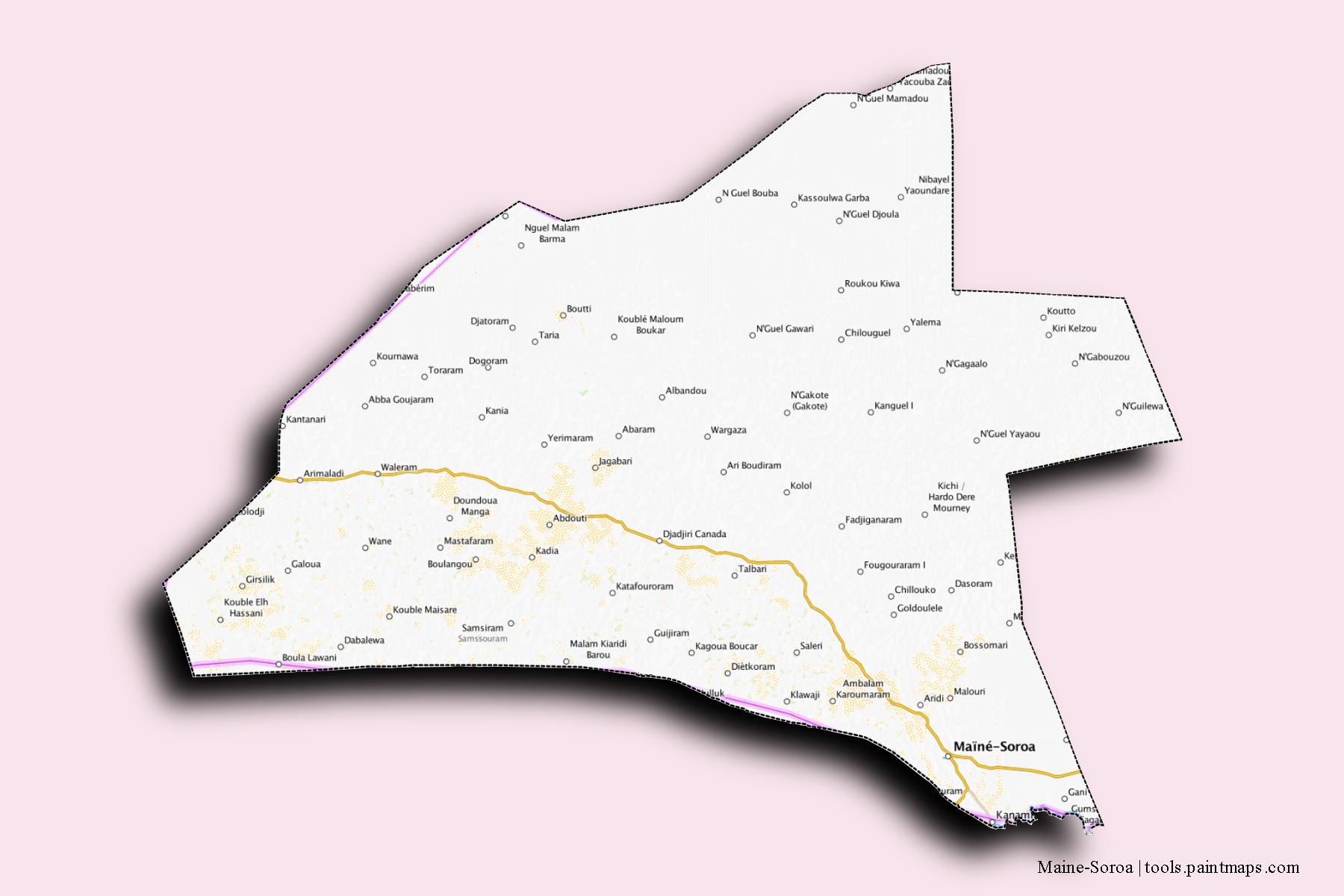 Mapa de barrios y pueblos de Maine-Soroa con efecto de sombra 3D