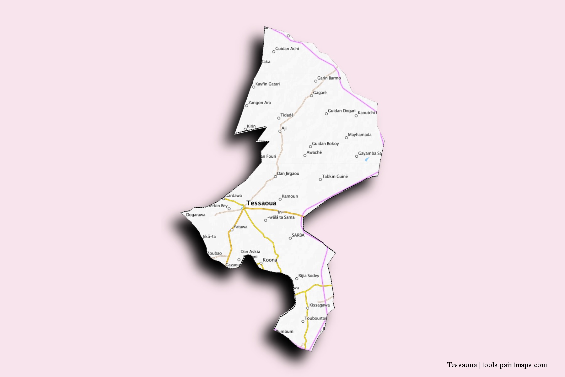 Mapa de barrios y pueblos de Tessaoua con efecto de sombra 3D