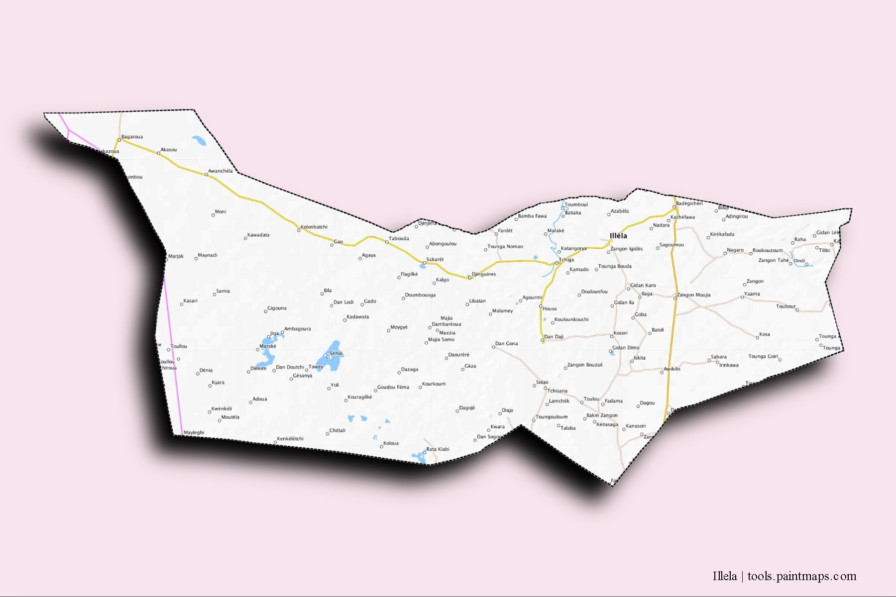 Mapa de barrios y pueblos de Illela con efecto de sombra 3D