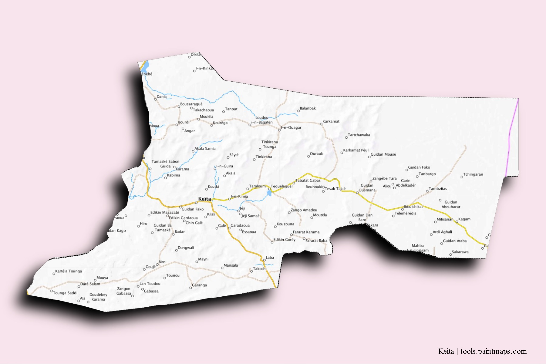 Keita neighborhoods and villages map with 3D shadow effect