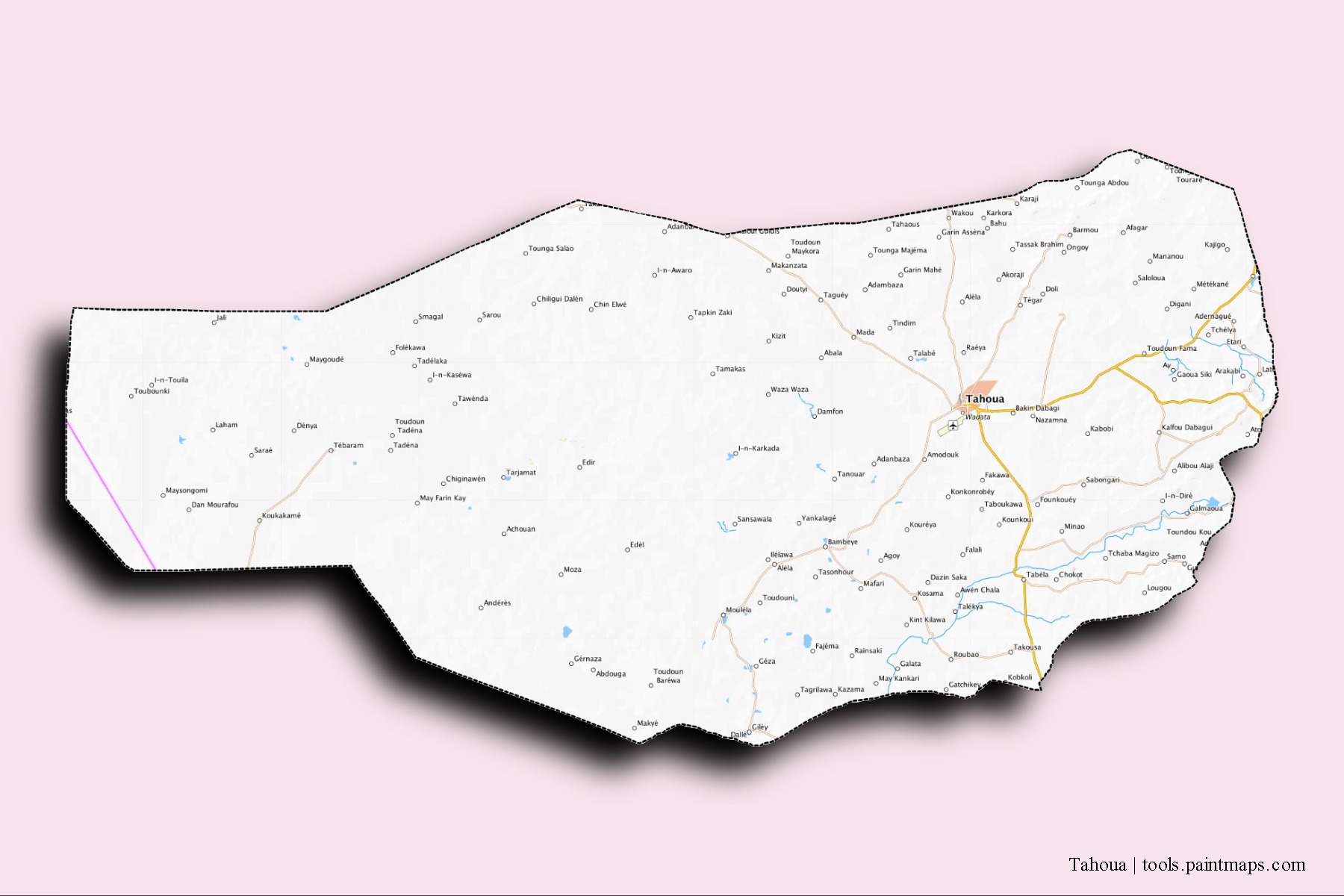 3D gölge efektli Tahoua mahalleleri ve köyleri haritası