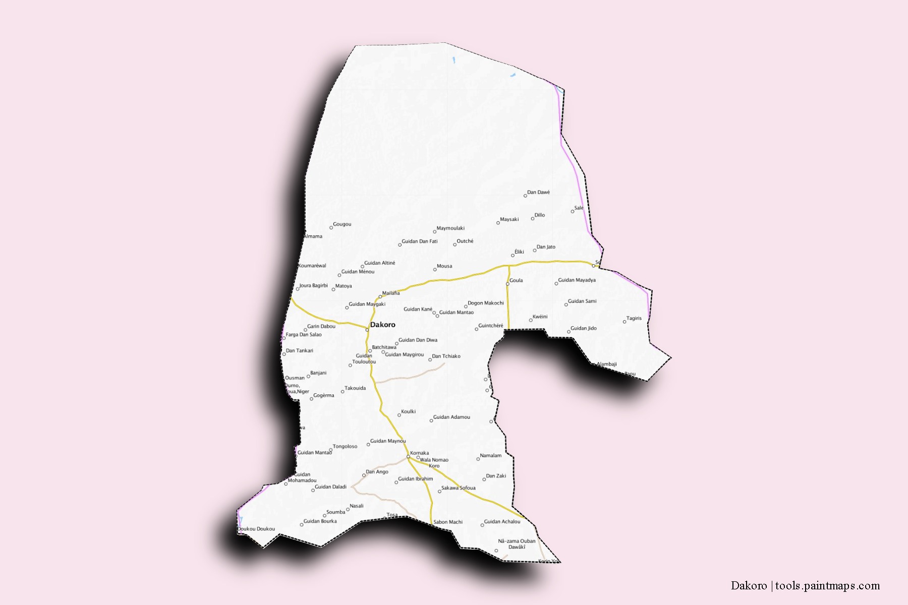 Mapa de barrios y pueblos de Dakoro con efecto de sombra 3D