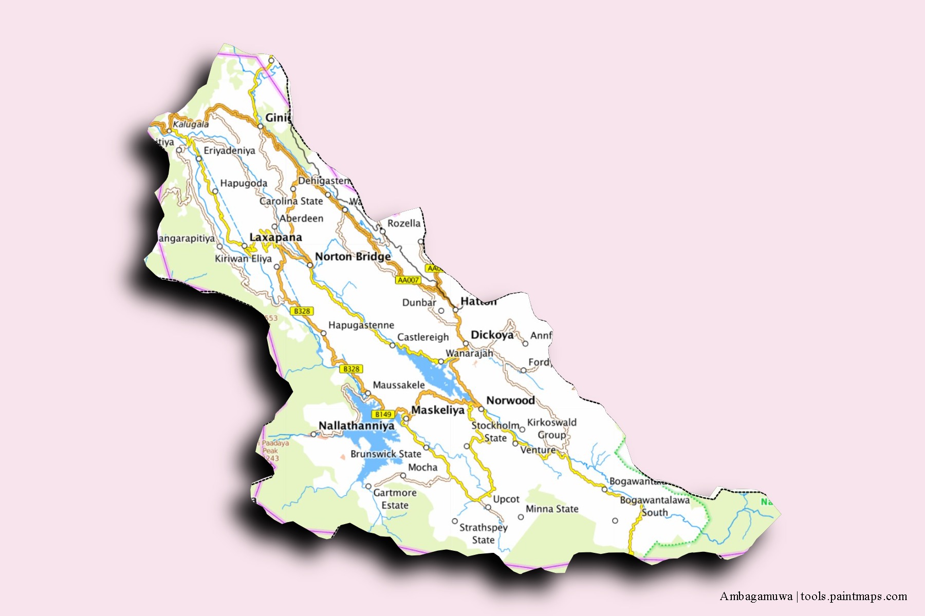 Mapa de barrios y pueblos de Ambagamuwa con efecto de sombra 3D