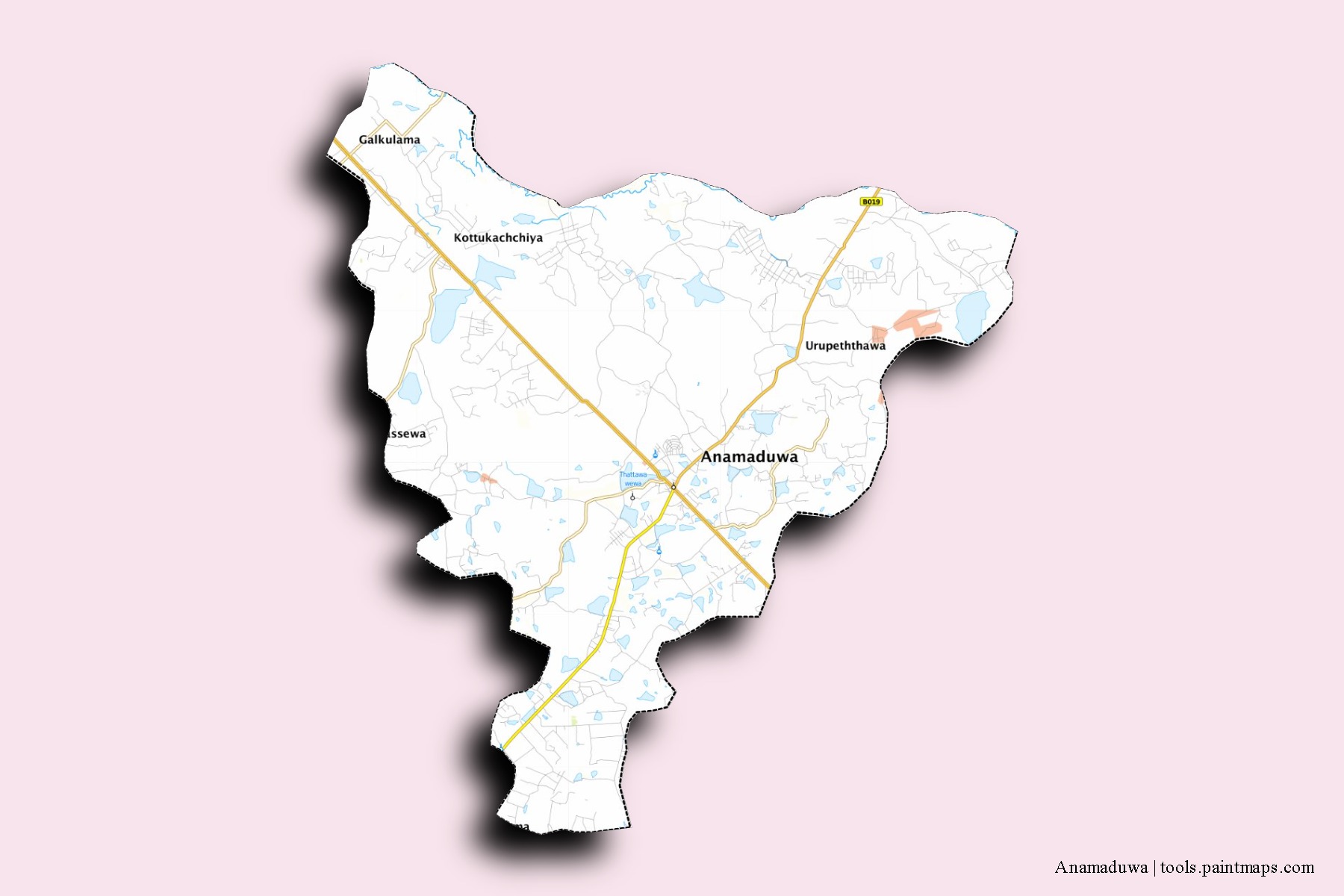 Anamaduwa neighborhoods and villages map with 3D shadow effect