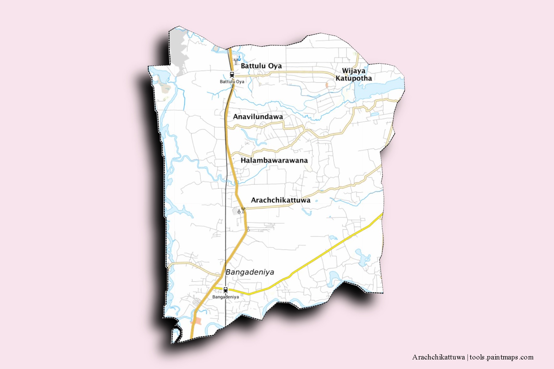 Mapa de barrios y pueblos de Arachchikattuwa con efecto de sombra 3D