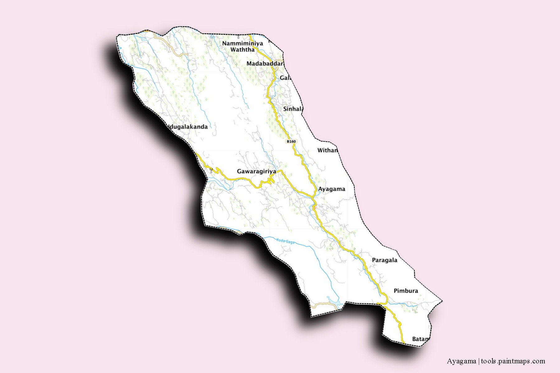 Mapa de barrios y pueblos de Ayagama con efecto de sombra 3D