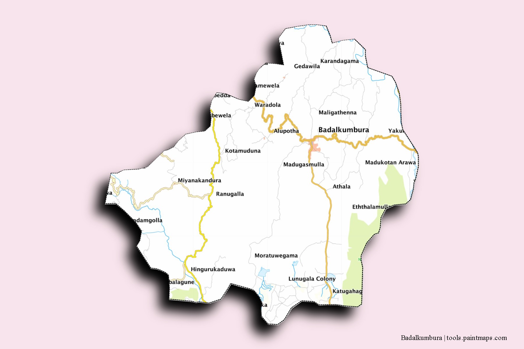 Mapa de barrios y pueblos de Badalkumbura con efecto de sombra 3D