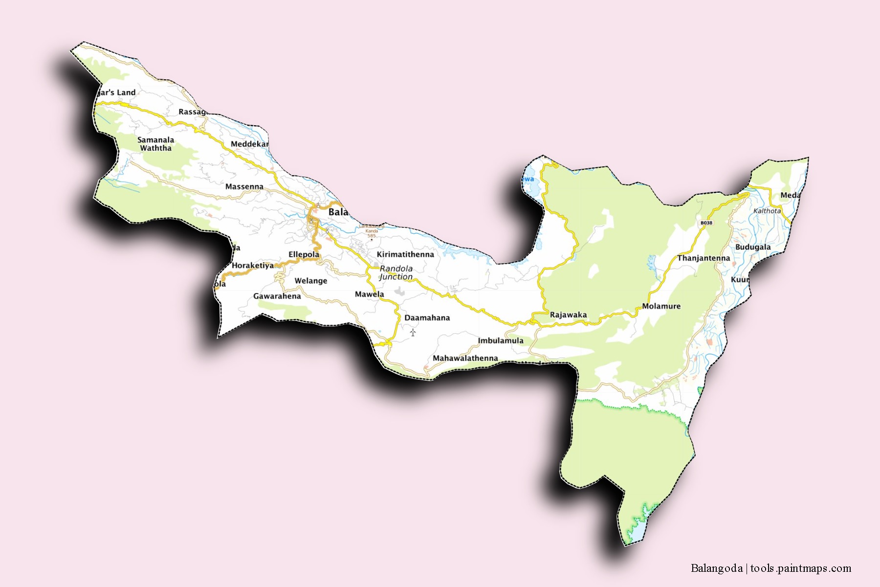 Mapa de barrios y pueblos de Balangoda con efecto de sombra 3D