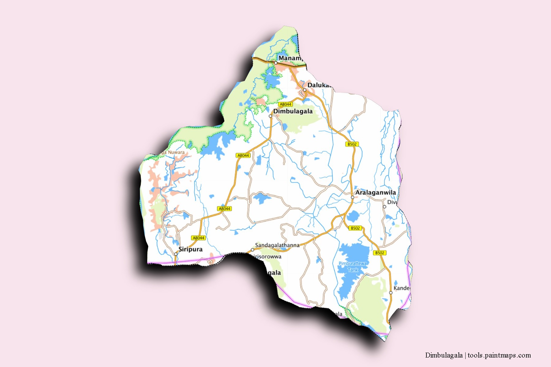 Mapa de barrios y pueblos de Dimbulagala con efecto de sombra 3D