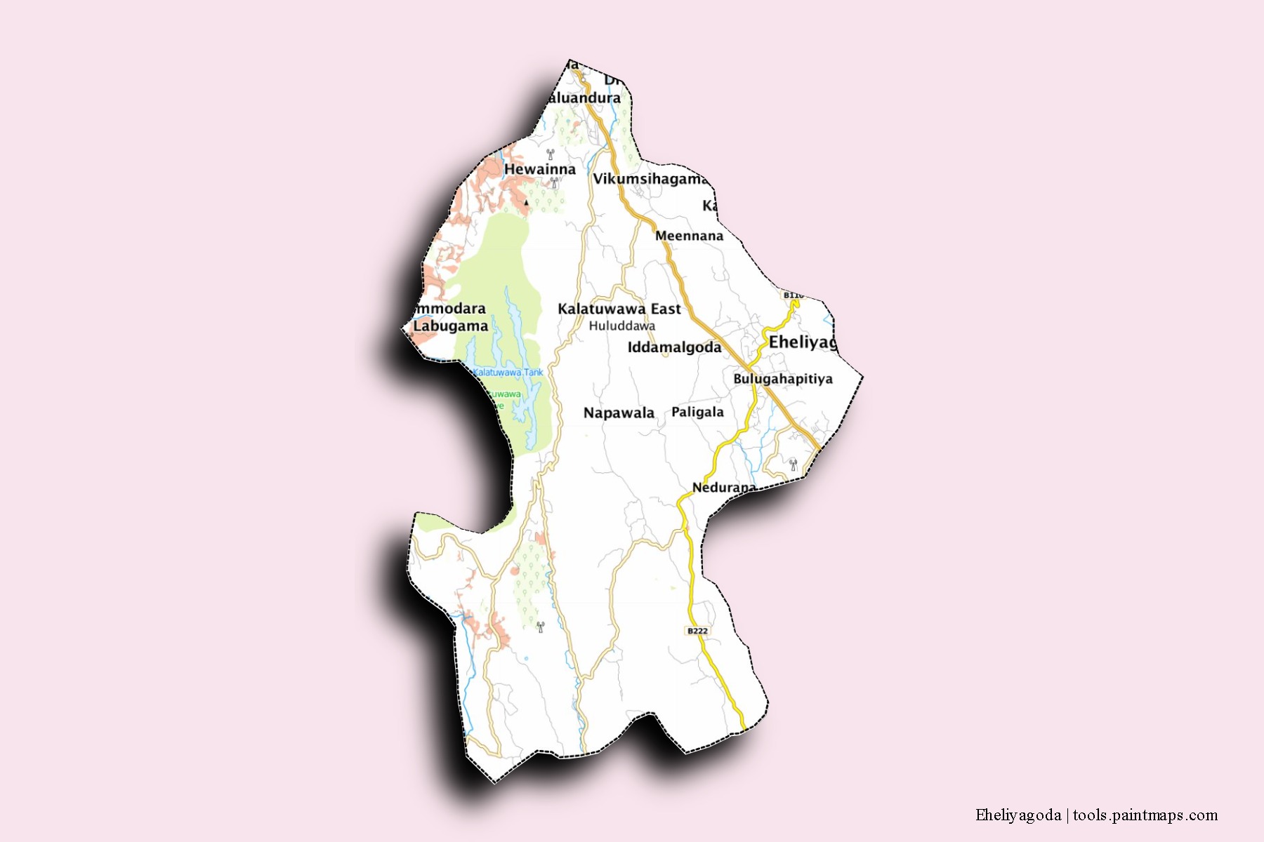 Mapa de barrios y pueblos de Eheliyagoda con efecto de sombra 3D