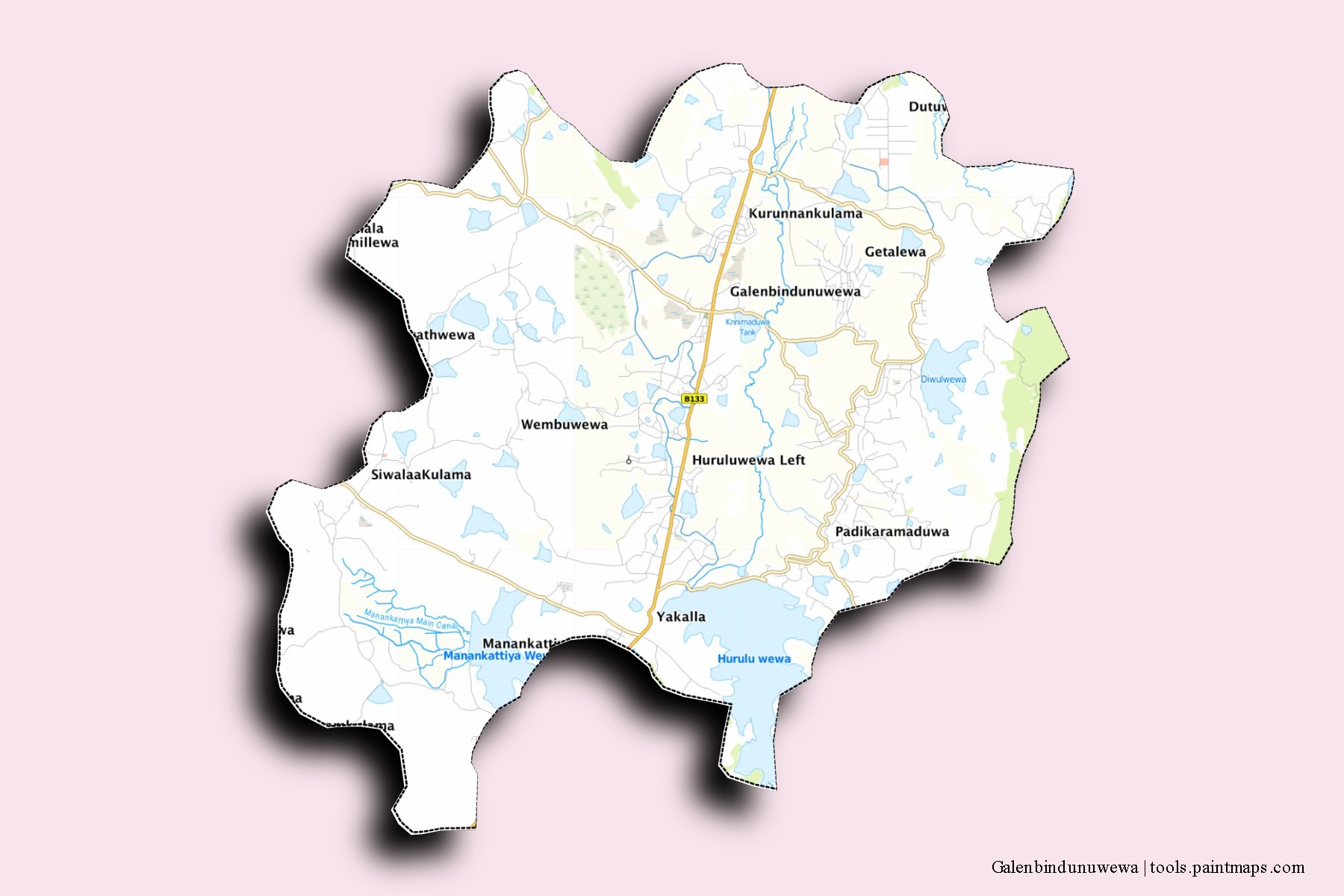 Galenbindunuwewa neighborhoods and villages map with 3D shadow effect