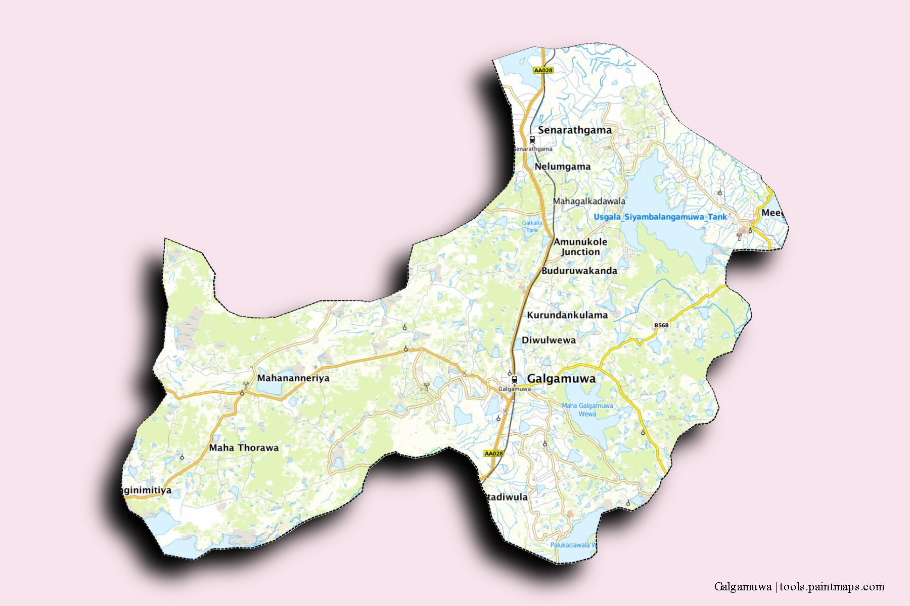 Galgamuwa neighborhoods and villages map with 3D shadow effect