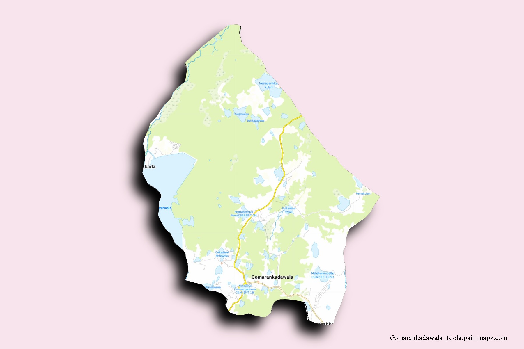 Gomarankadawala neighborhoods and villages map with 3D shadow effect