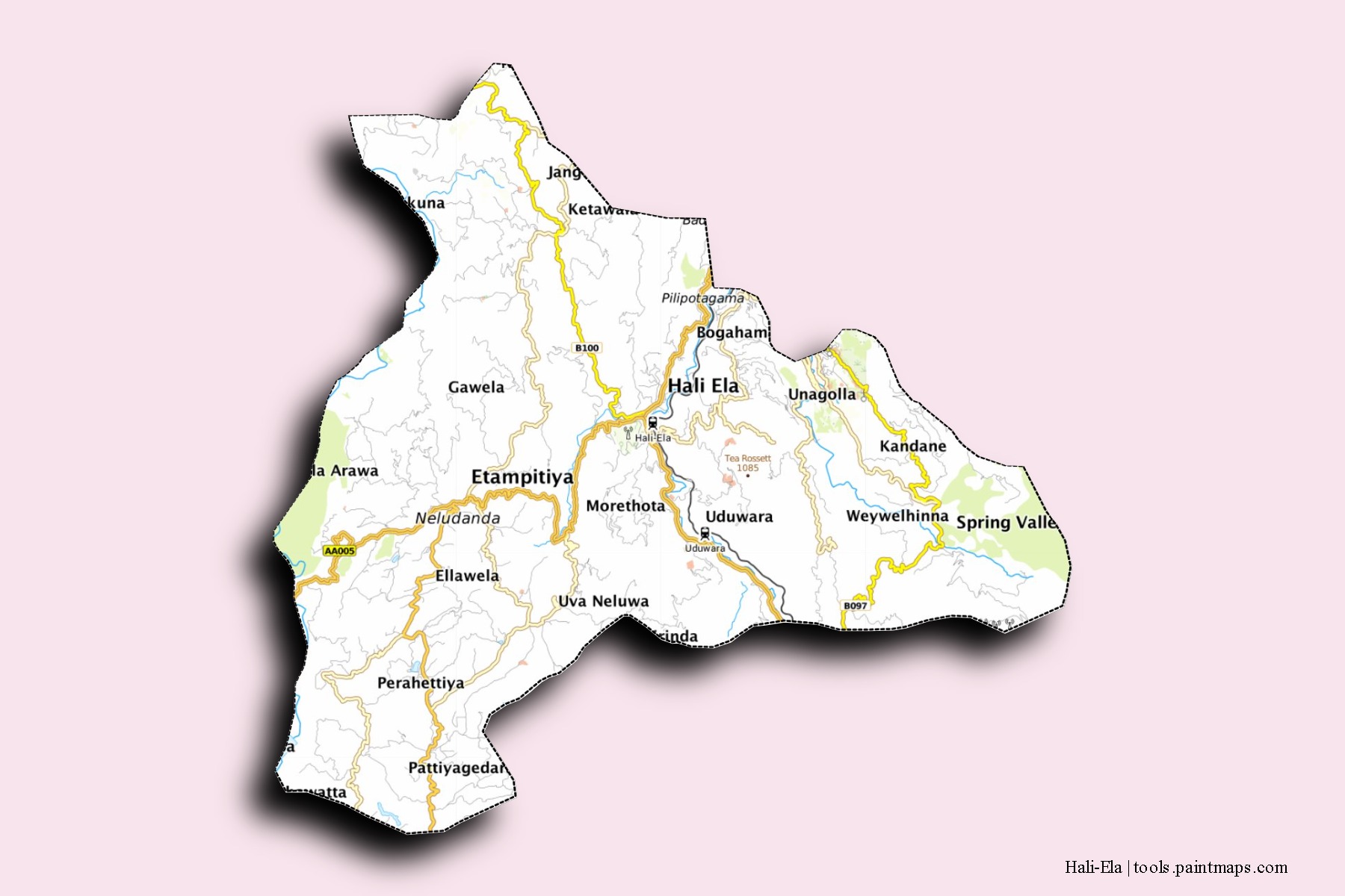 Mapa de barrios y pueblos de Hali-Ela con efecto de sombra 3D