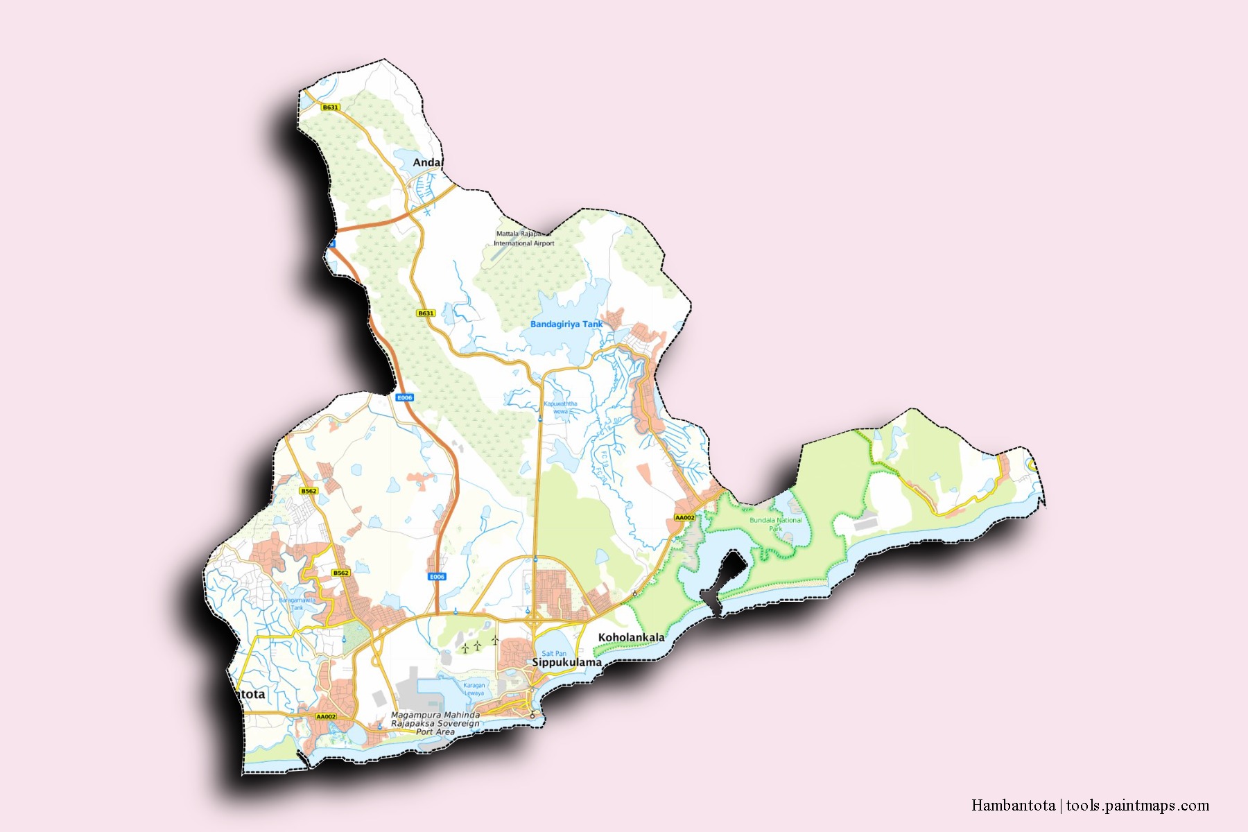 Hambantota neighborhoods and villages map with 3D shadow effect