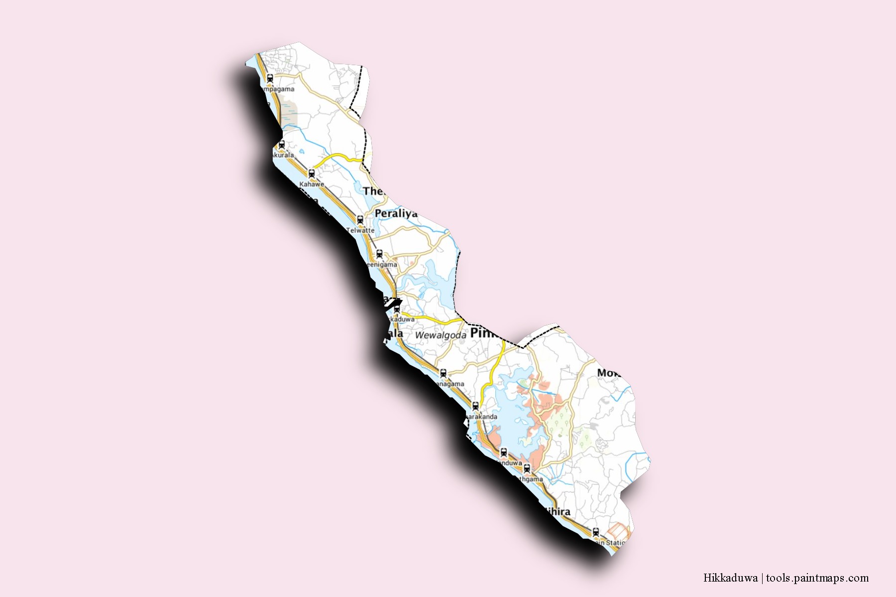 Mapa de barrios y pueblos de Hikkaduwa con efecto de sombra 3D