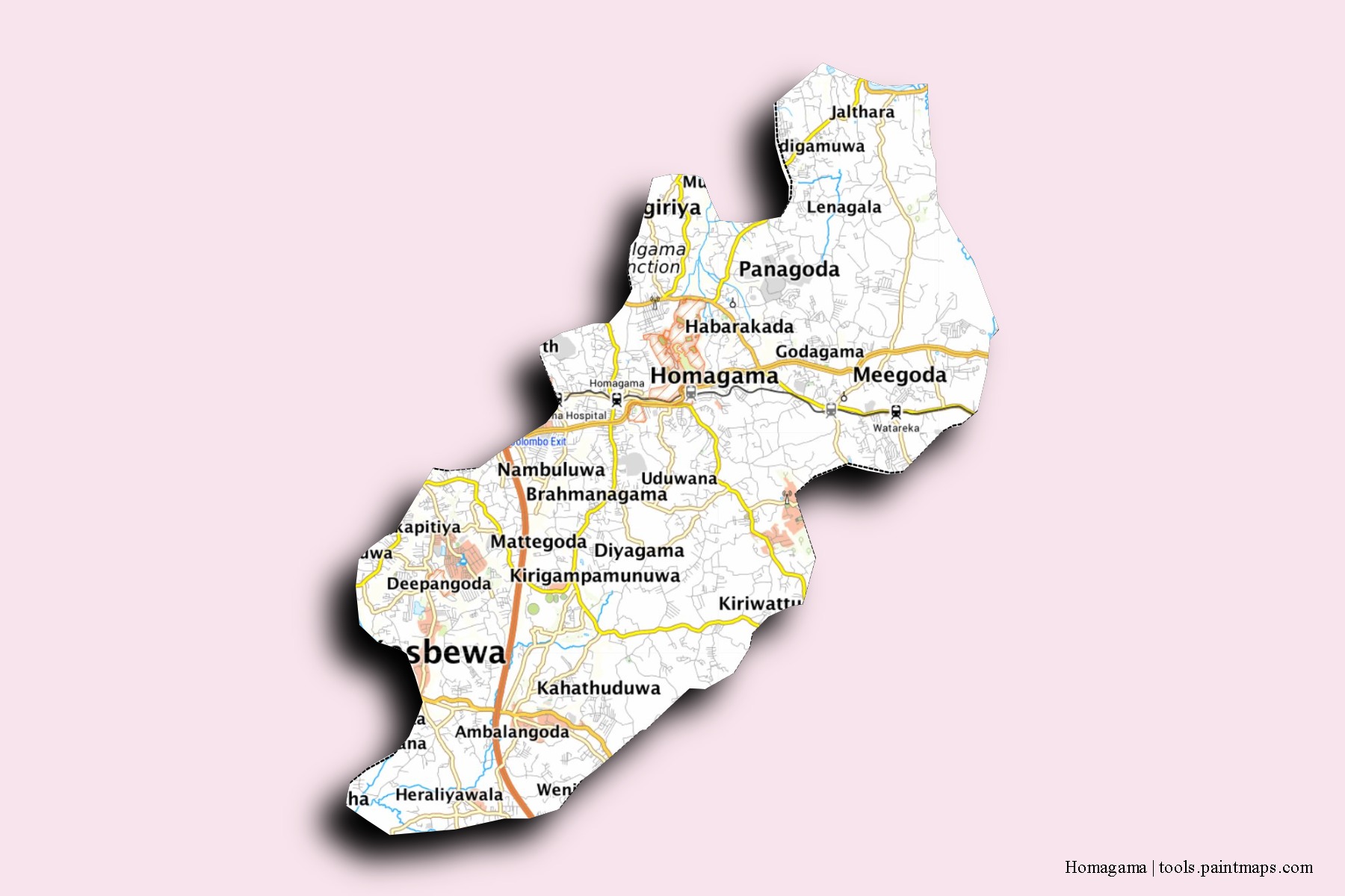 Mapa de barrios y pueblos de Homagama con efecto de sombra 3D