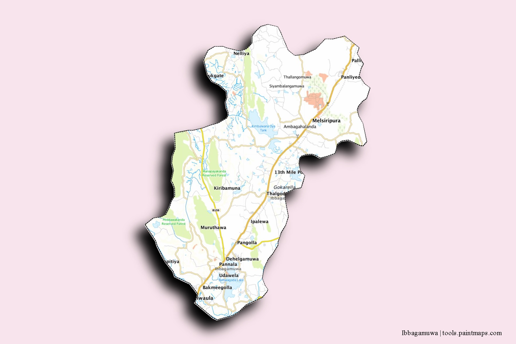 Mapa de barrios y pueblos de Ibbagamuwa con efecto de sombra 3D