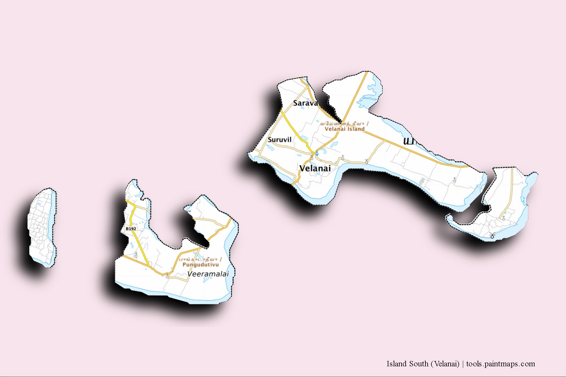 Island South neighborhoods and villages map with 3D shadow effect