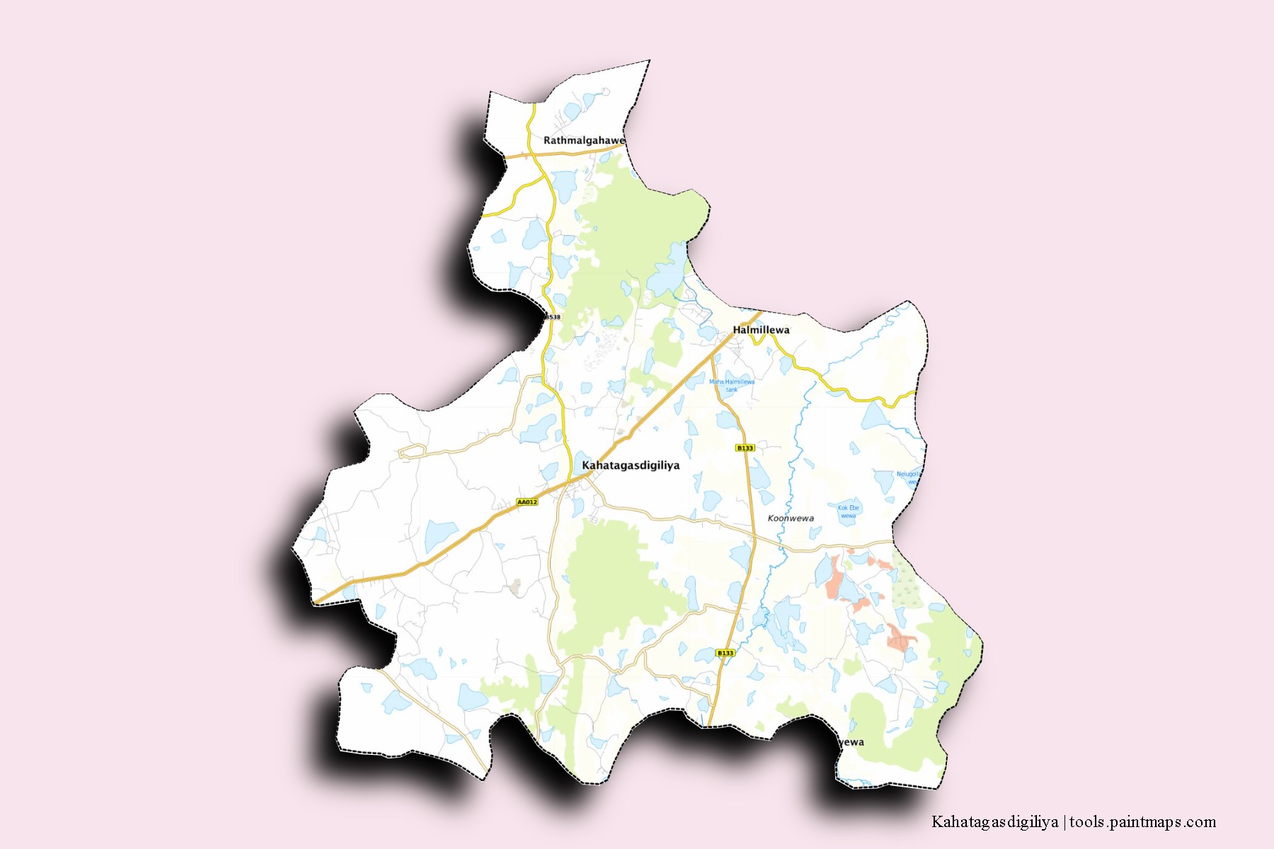 Kahatagasdigiliya neighborhoods and villages map with 3D shadow effect