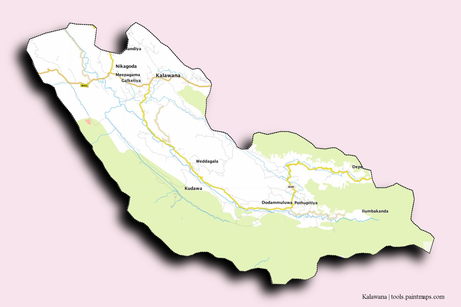 Kalawana neighborhoods and villages map with 3D shadow effect