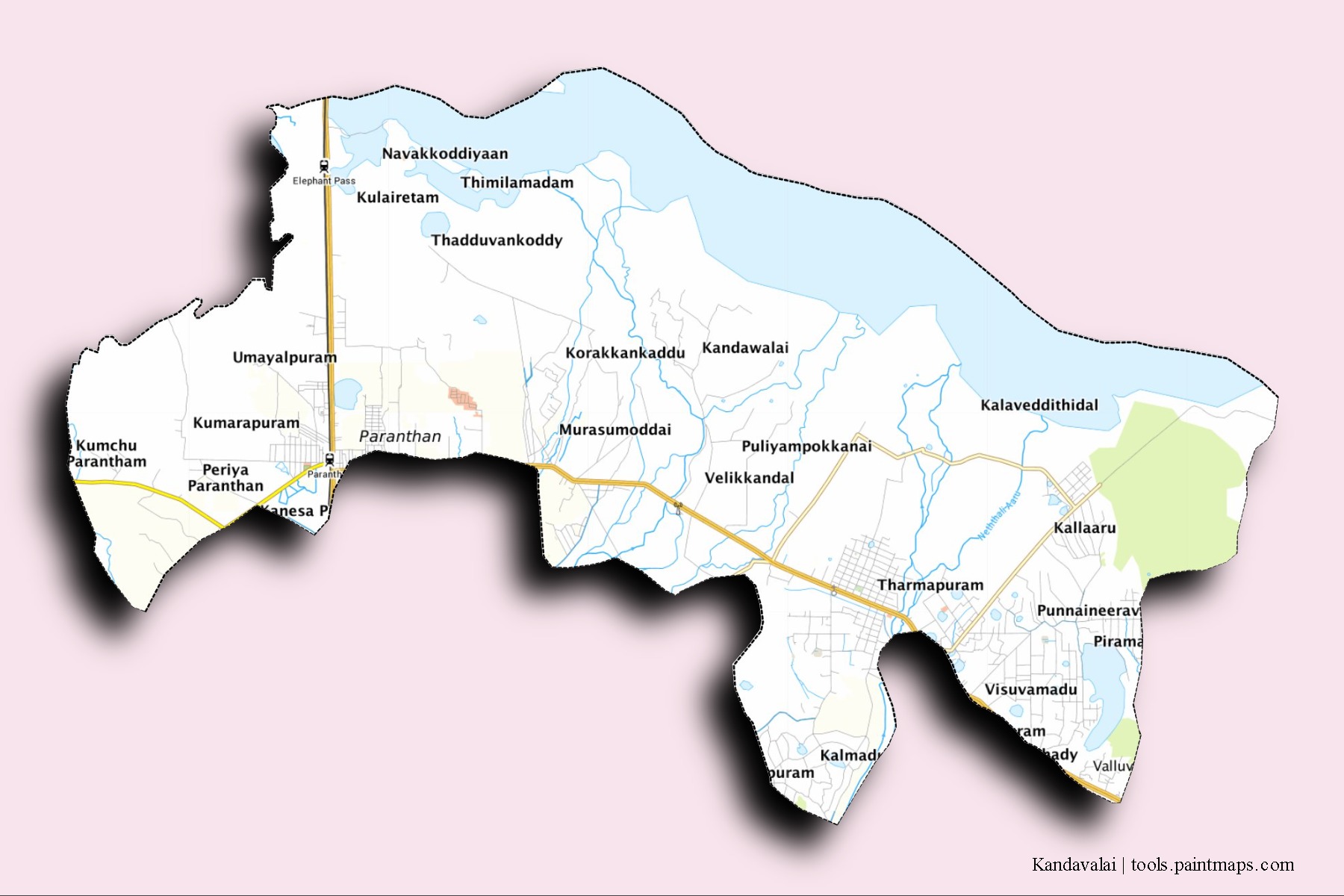 Mapa de barrios y pueblos de Kandavalai con efecto de sombra 3D