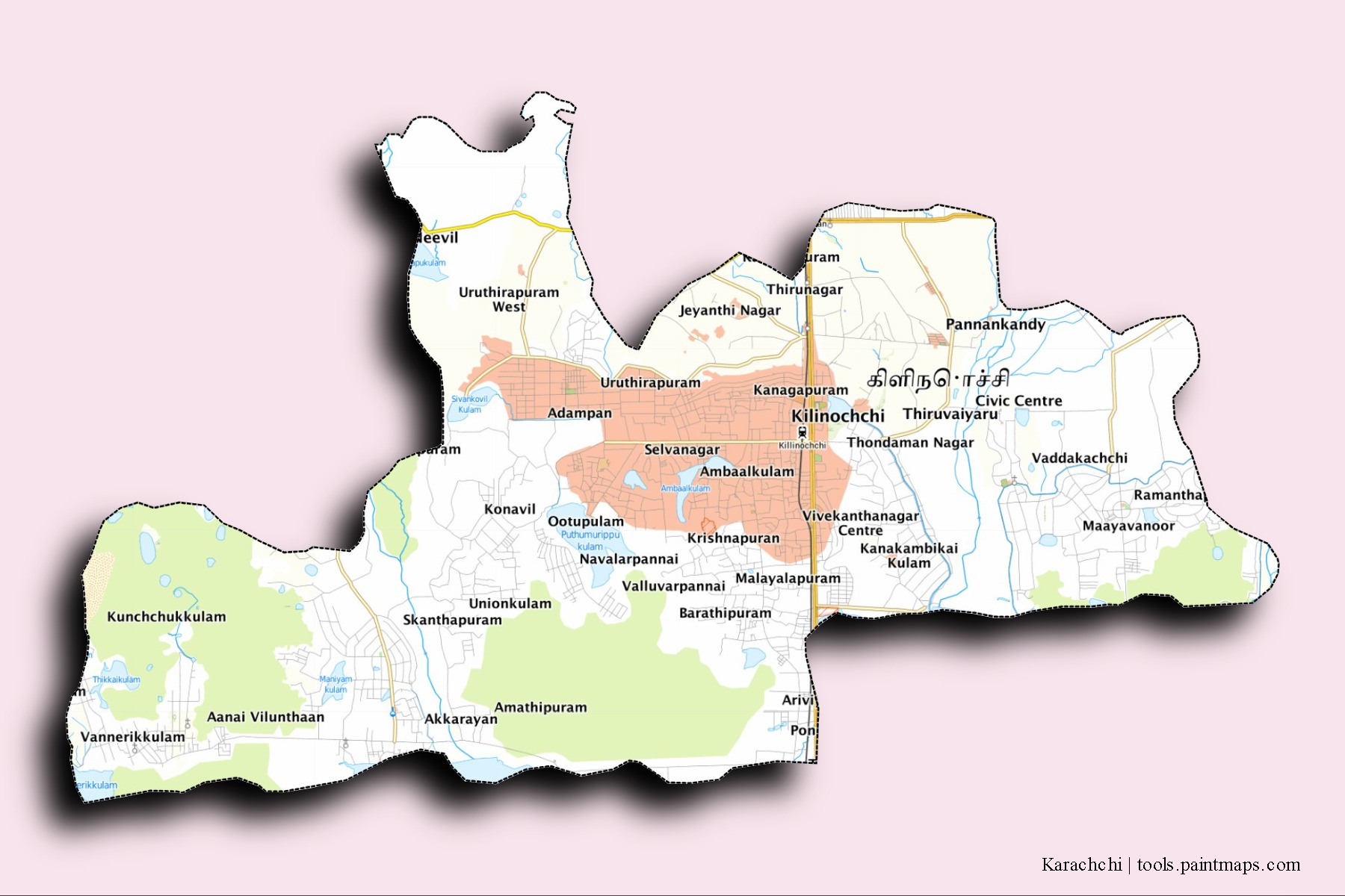 Karachchi neighborhoods and villages map with 3D shadow effect