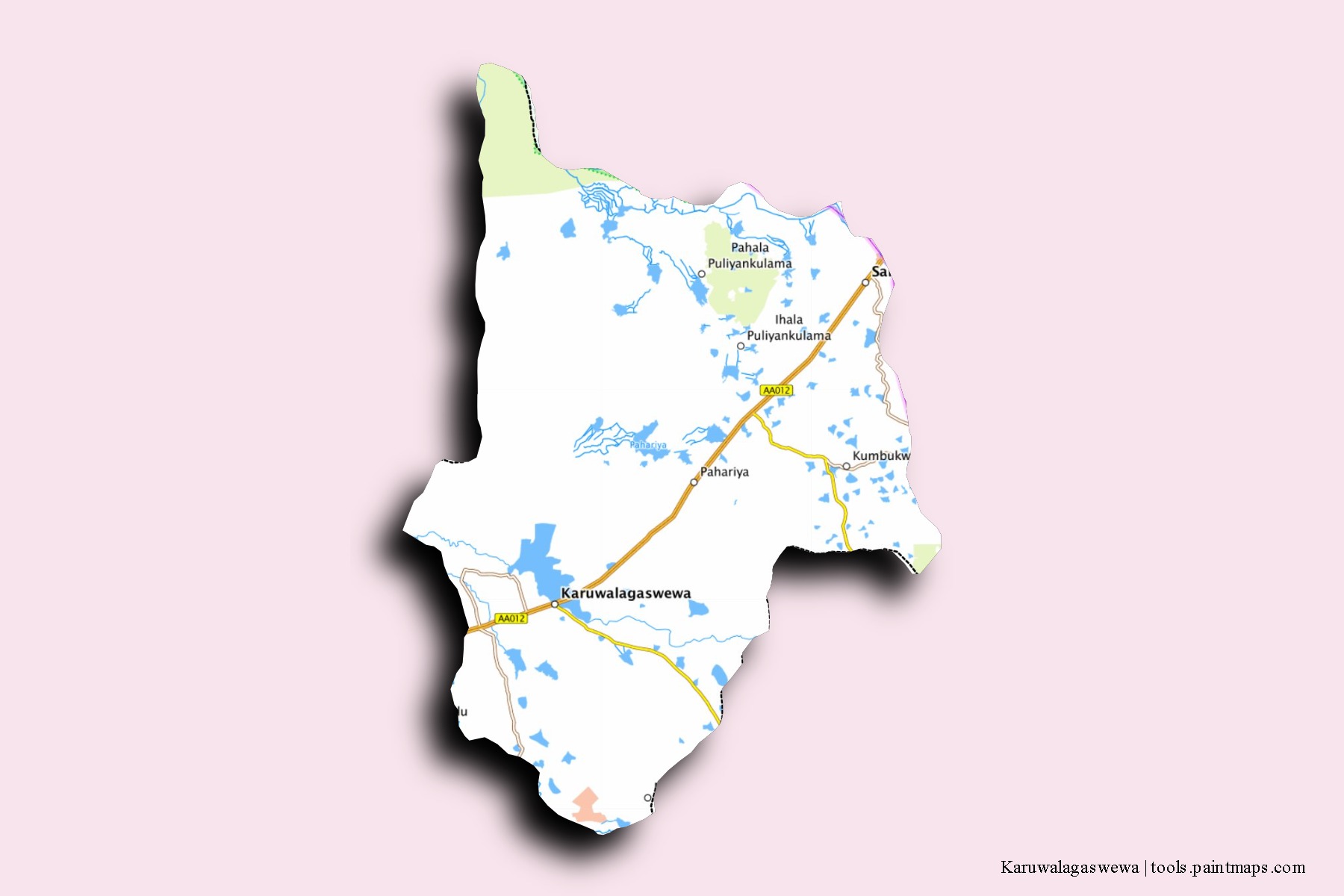 Mapa de barrios y pueblos de Karuwalagaswewa con efecto de sombra 3D