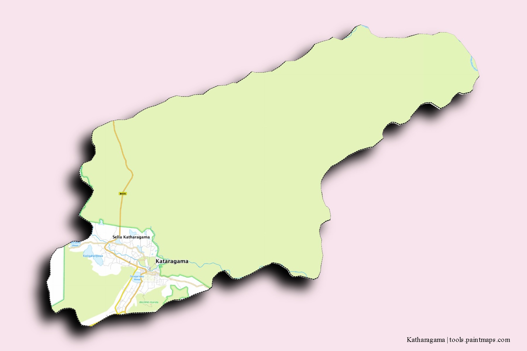 Katharagama neighborhoods and villages map with 3D shadow effect