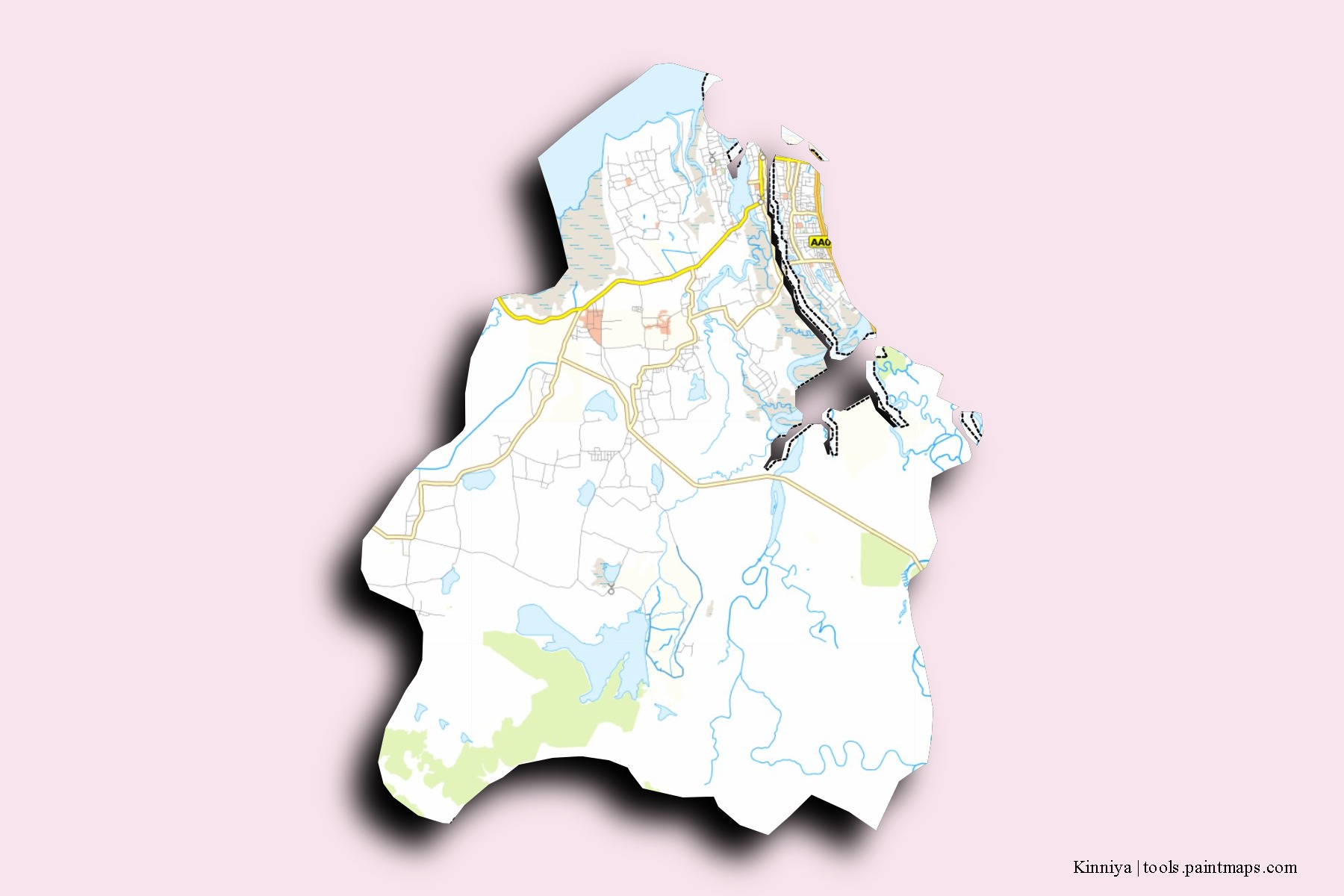 Kinniya neighborhoods and villages map with 3D shadow effect