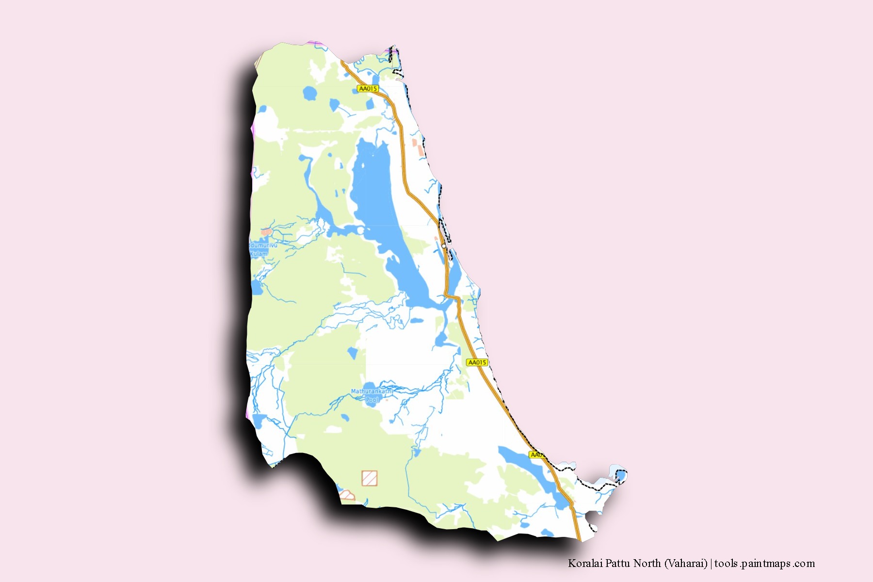 Mapa de barrios y pueblos de Koralai Pattu North (Vaharai) con efecto de sombra 3D