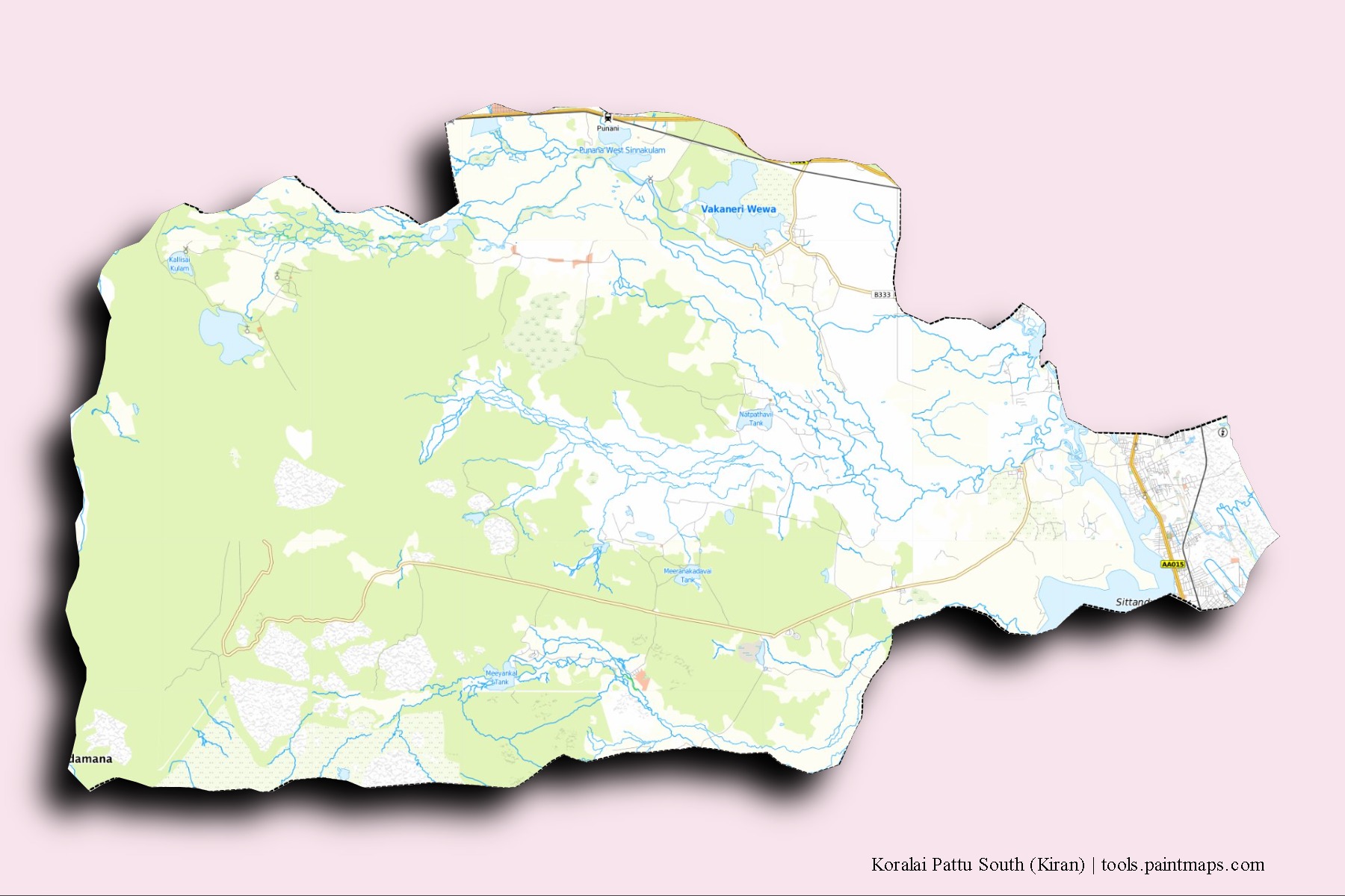 Koralai Pattu South neighborhoods and villages map with 3D shadow effect