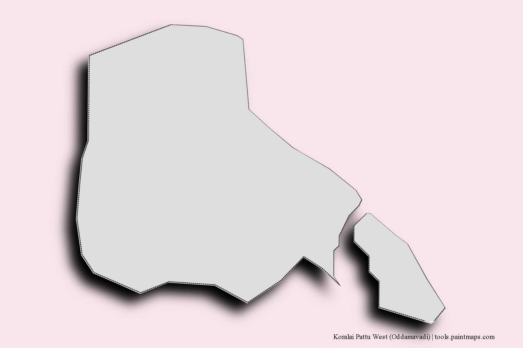 Mapa de barrios y pueblos de Koralai Pattu West (Oddamavadi) con efecto de sombra 3D