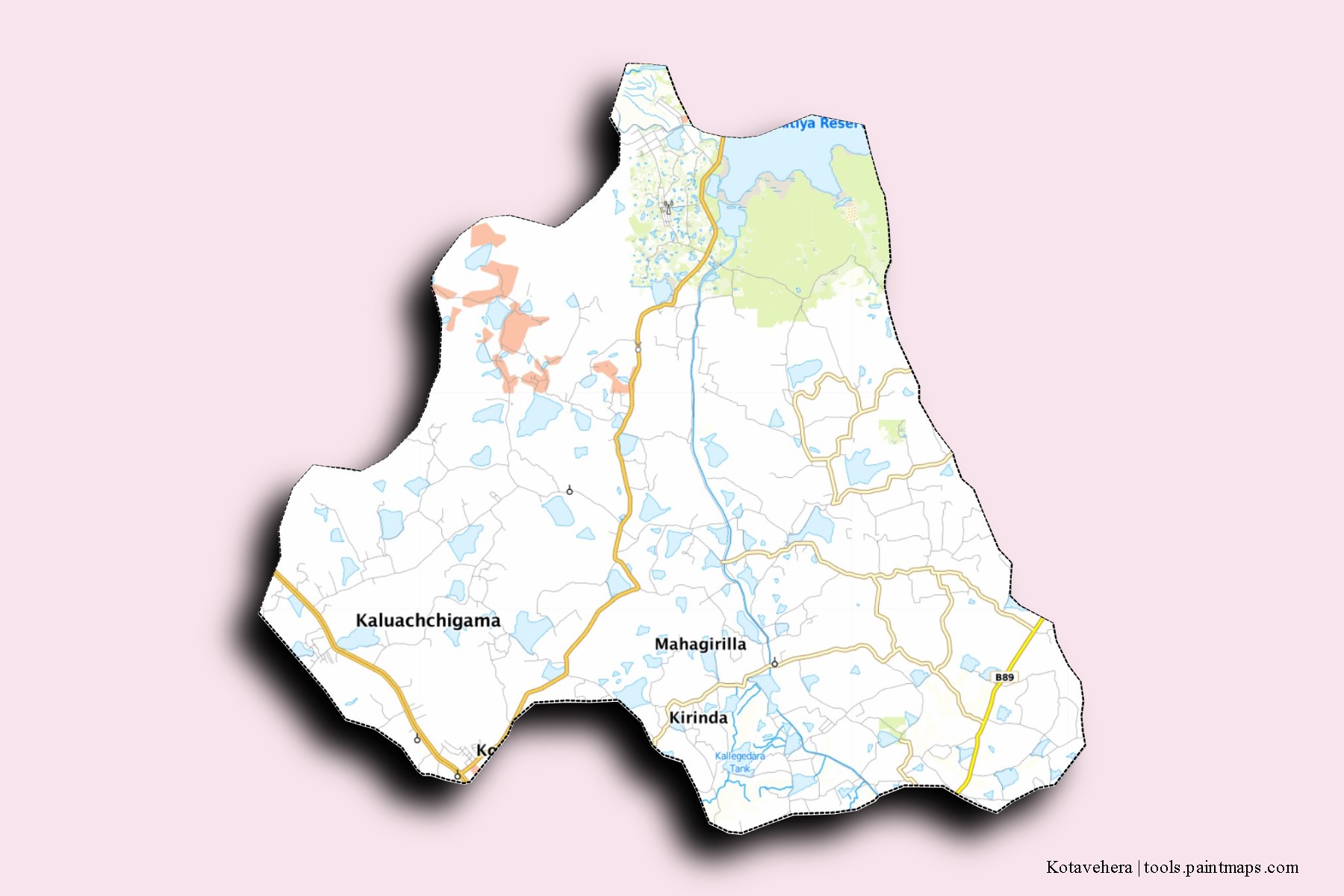 Mapa de barrios y pueblos de Kotavehera con efecto de sombra 3D