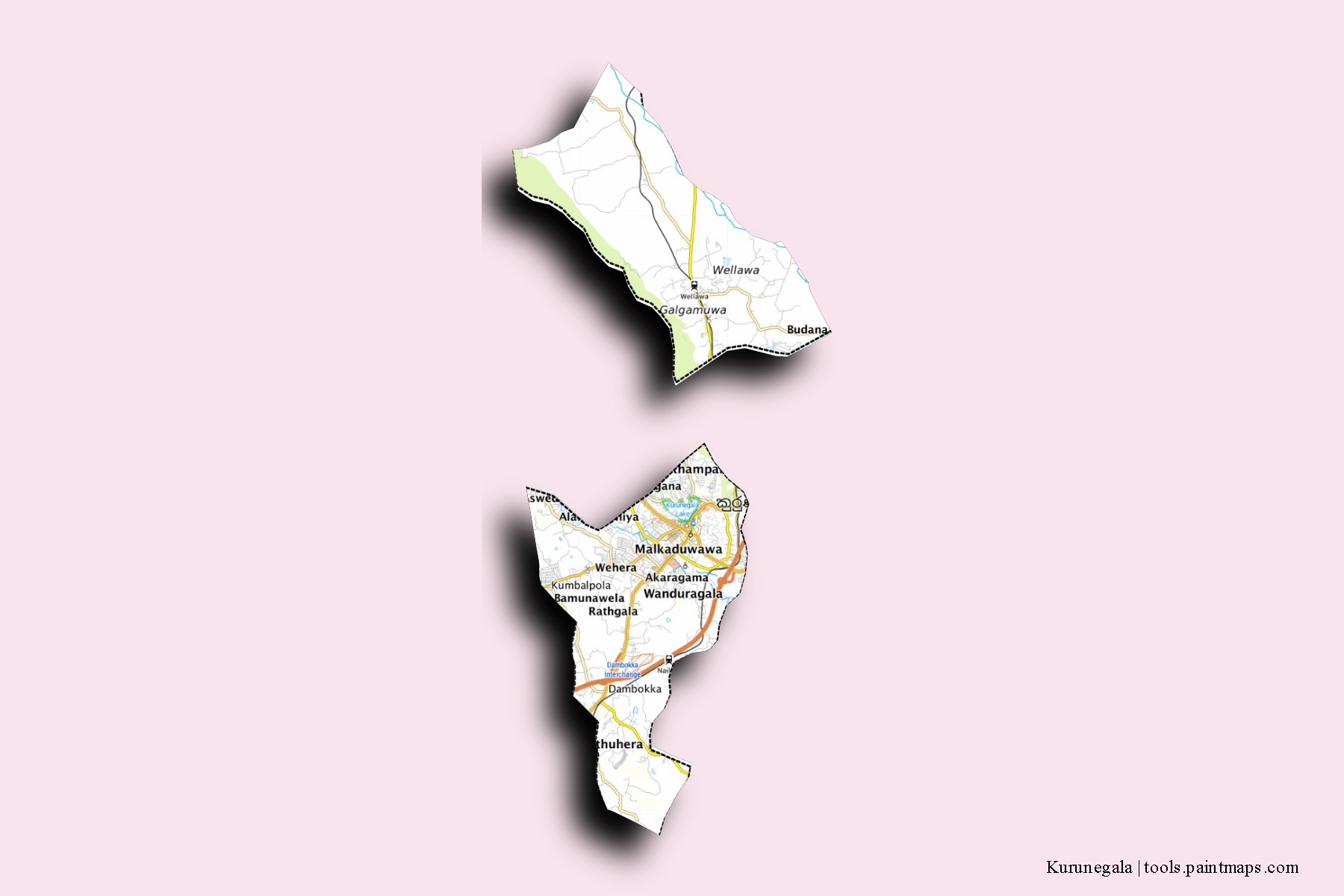 Kurunegala neighborhoods and villages map with 3D shadow effect