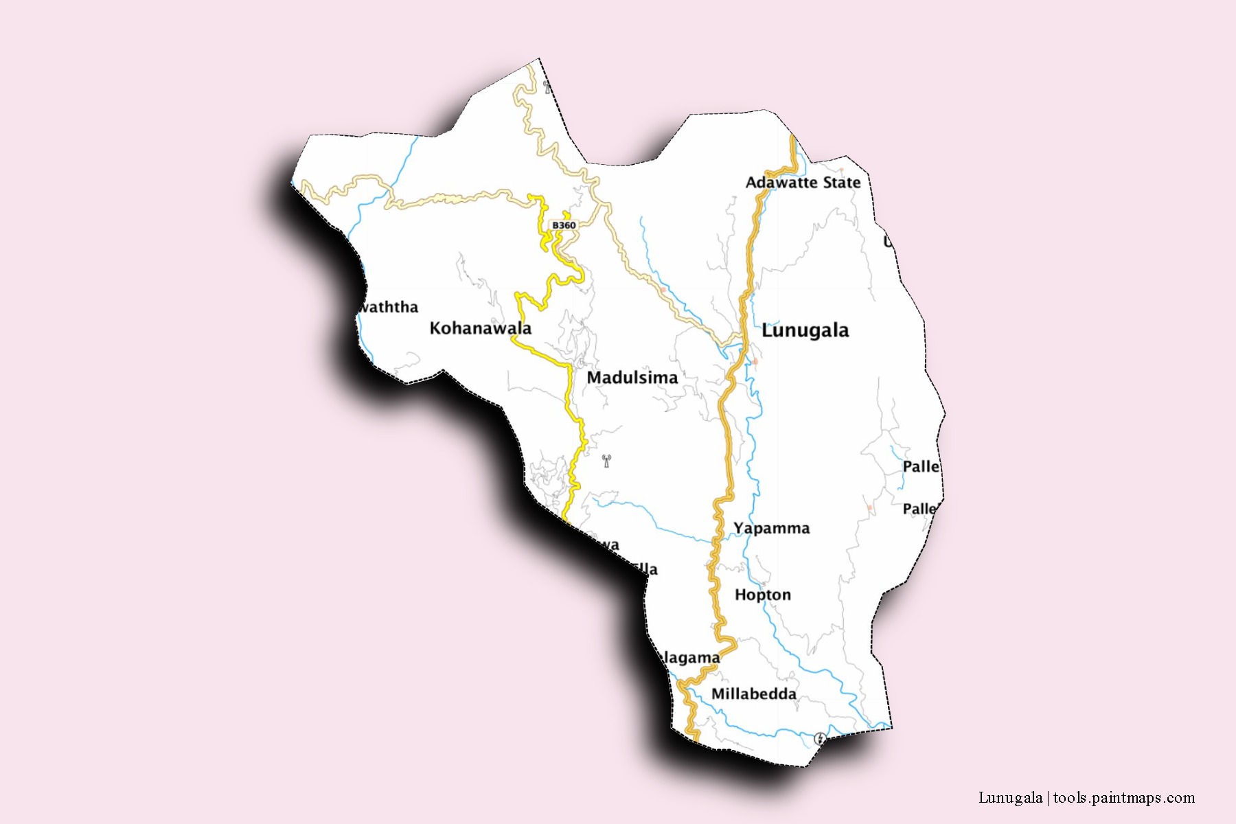 Mapa de barrios y pueblos de Lunugala con efecto de sombra 3D