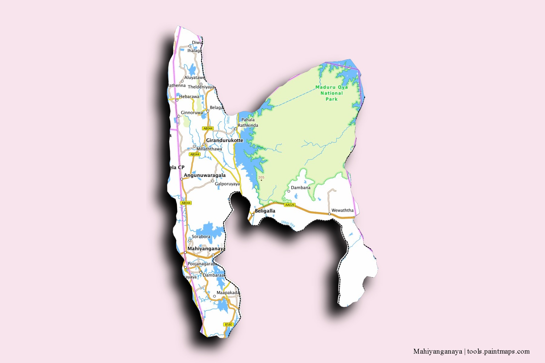 Mahiyanganaya neighborhoods and villages map with 3D shadow effect