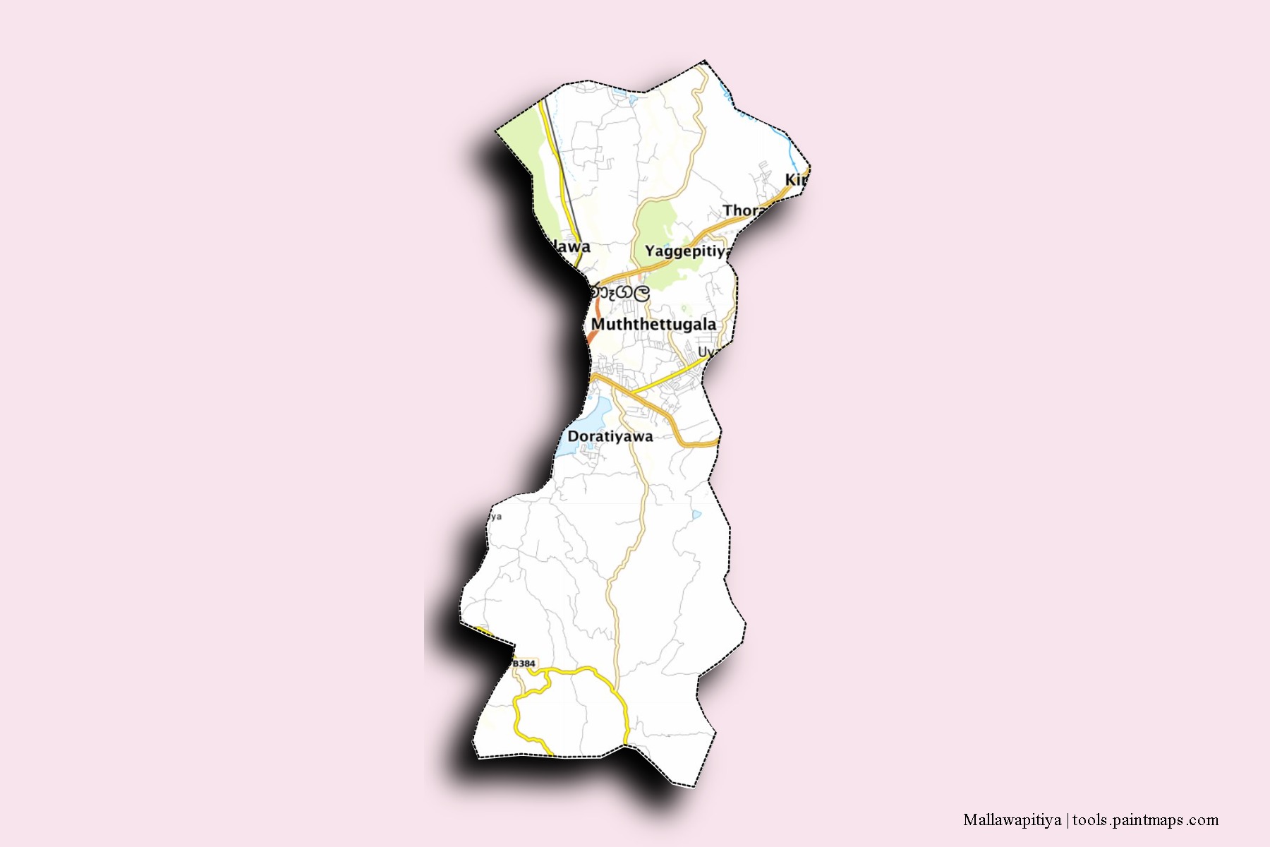 Mapa de barrios y pueblos de Mallawapitiya con efecto de sombra 3D