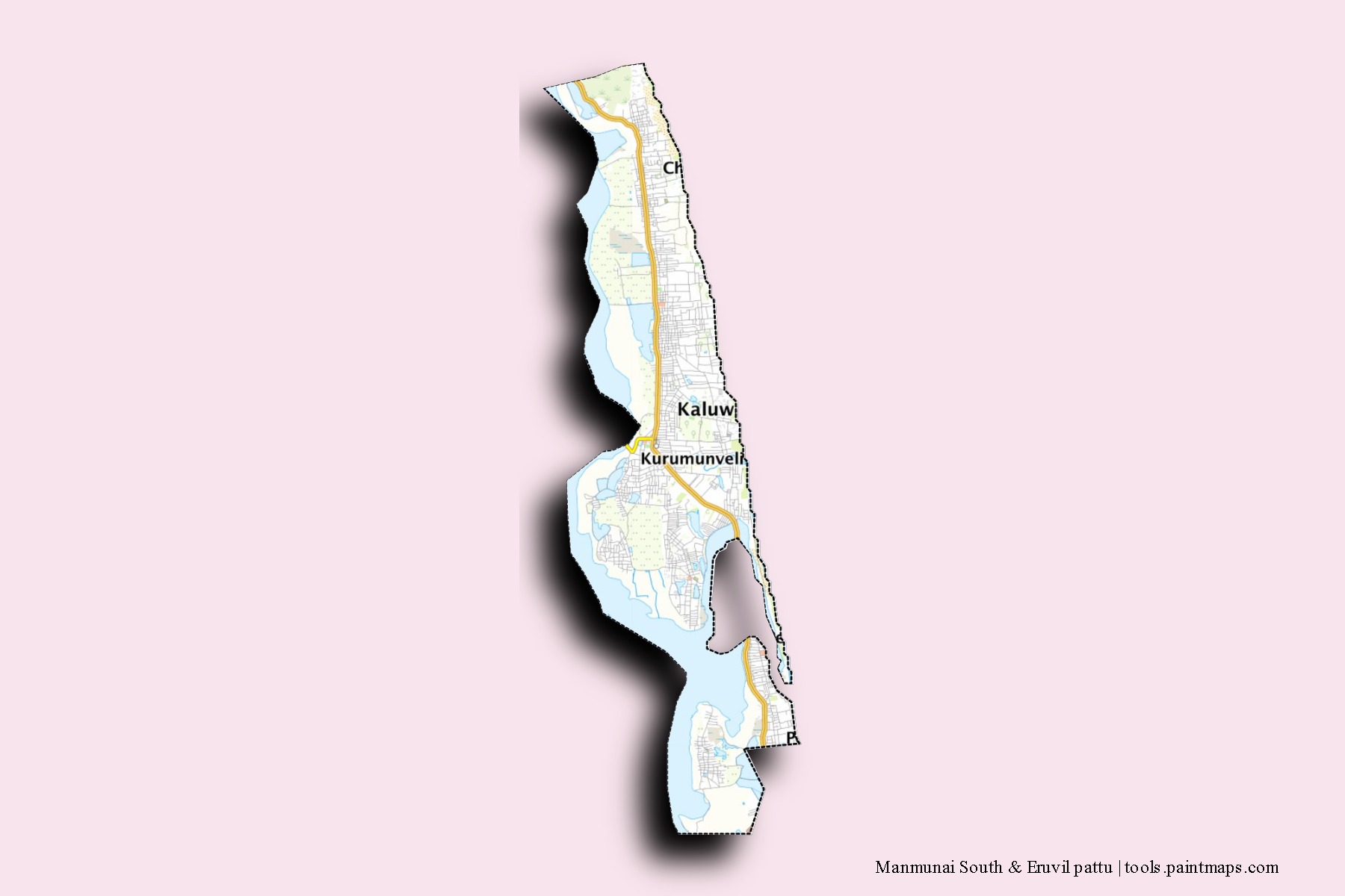 Manmunai South and Eruvil Pattu neighborhoods and villages map with 3D shadow effect