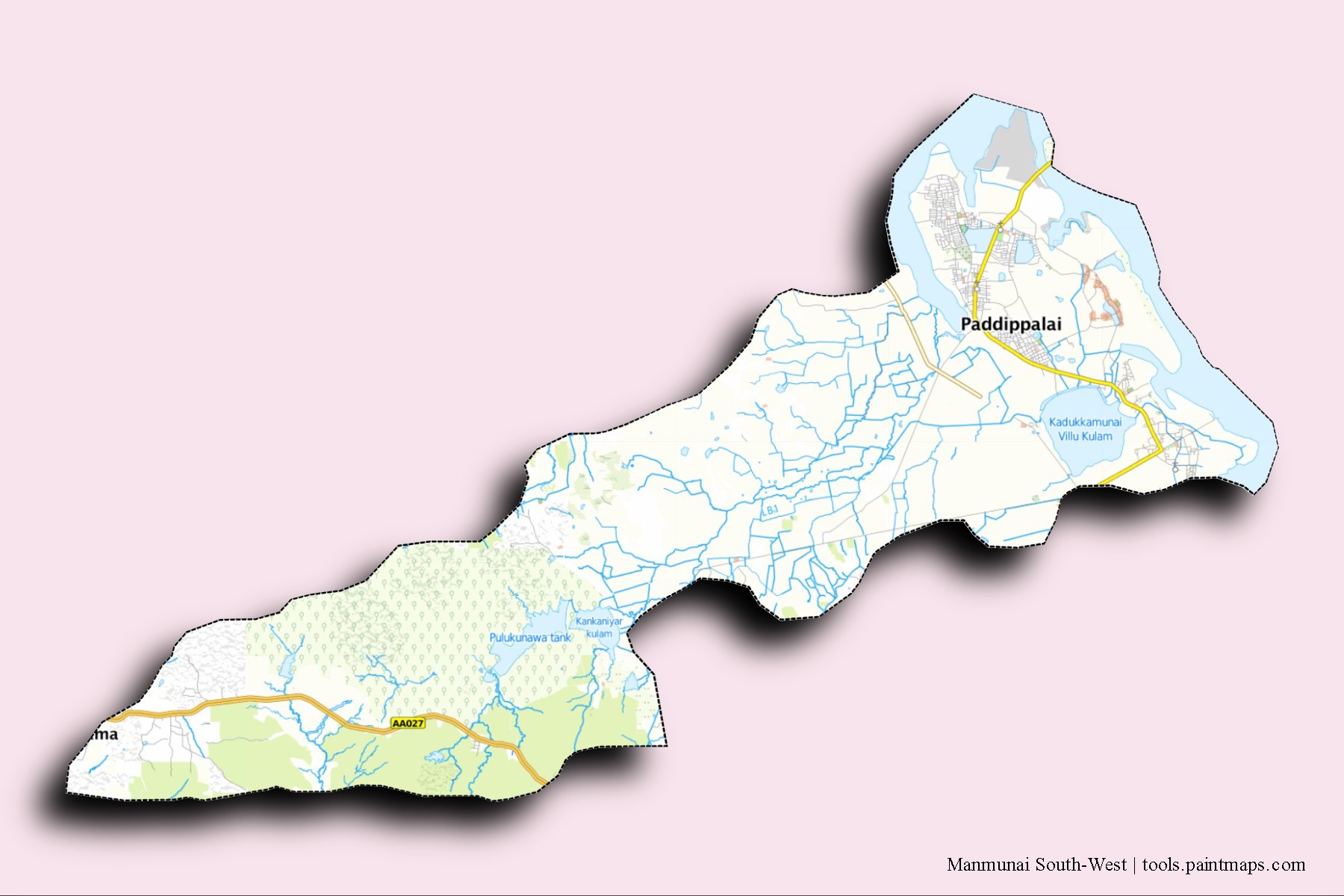 Manmunai South-West neighborhoods and villages map with 3D shadow effect