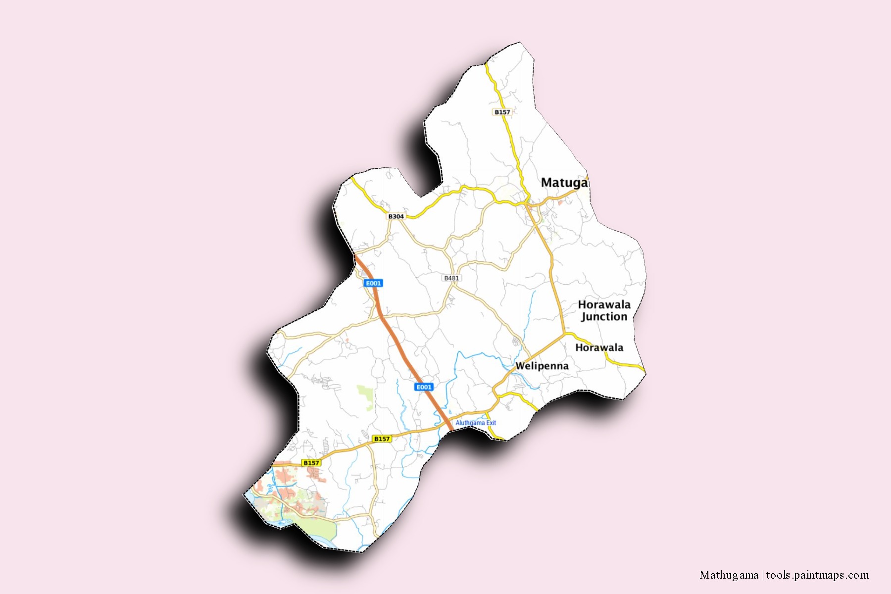 Mapa de barrios y pueblos de Mathugama con efecto de sombra 3D