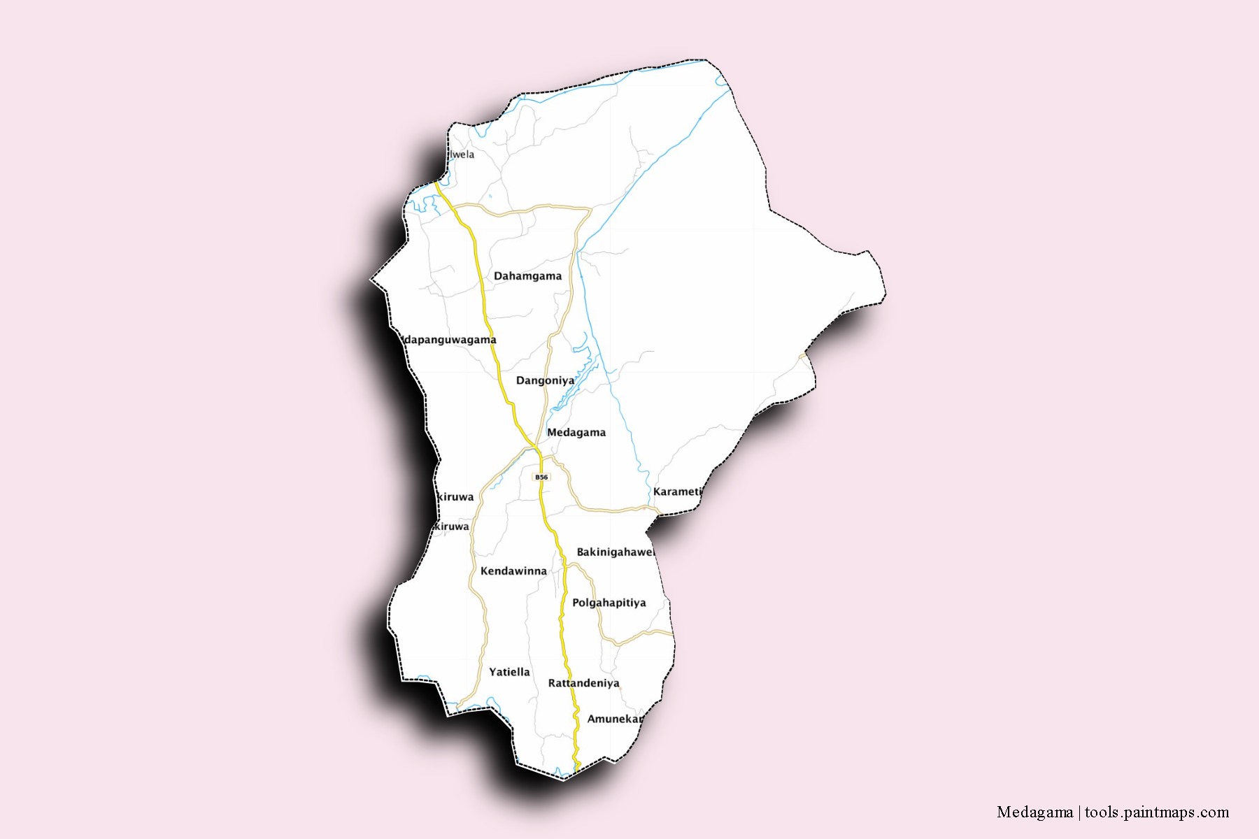 Mapa de barrios y pueblos de Medagama con efecto de sombra 3D