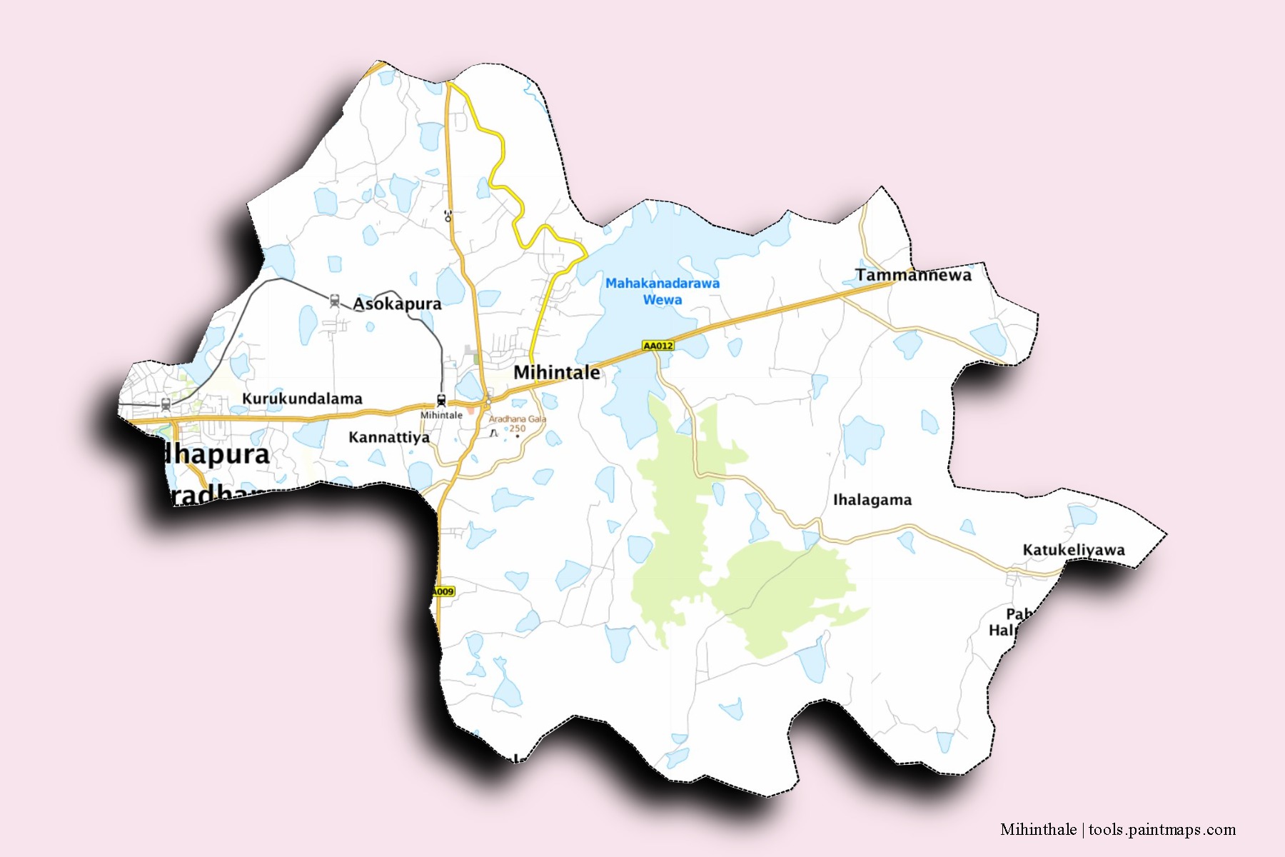 Mapa de barrios y pueblos de Mihinthale con efecto de sombra 3D