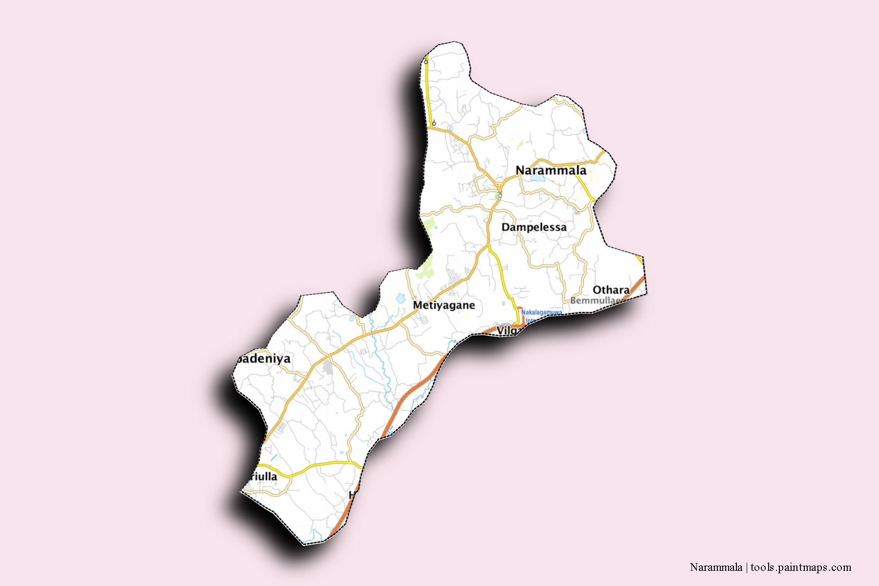 Mapa de barrios y pueblos de Narammala con efecto de sombra 3D