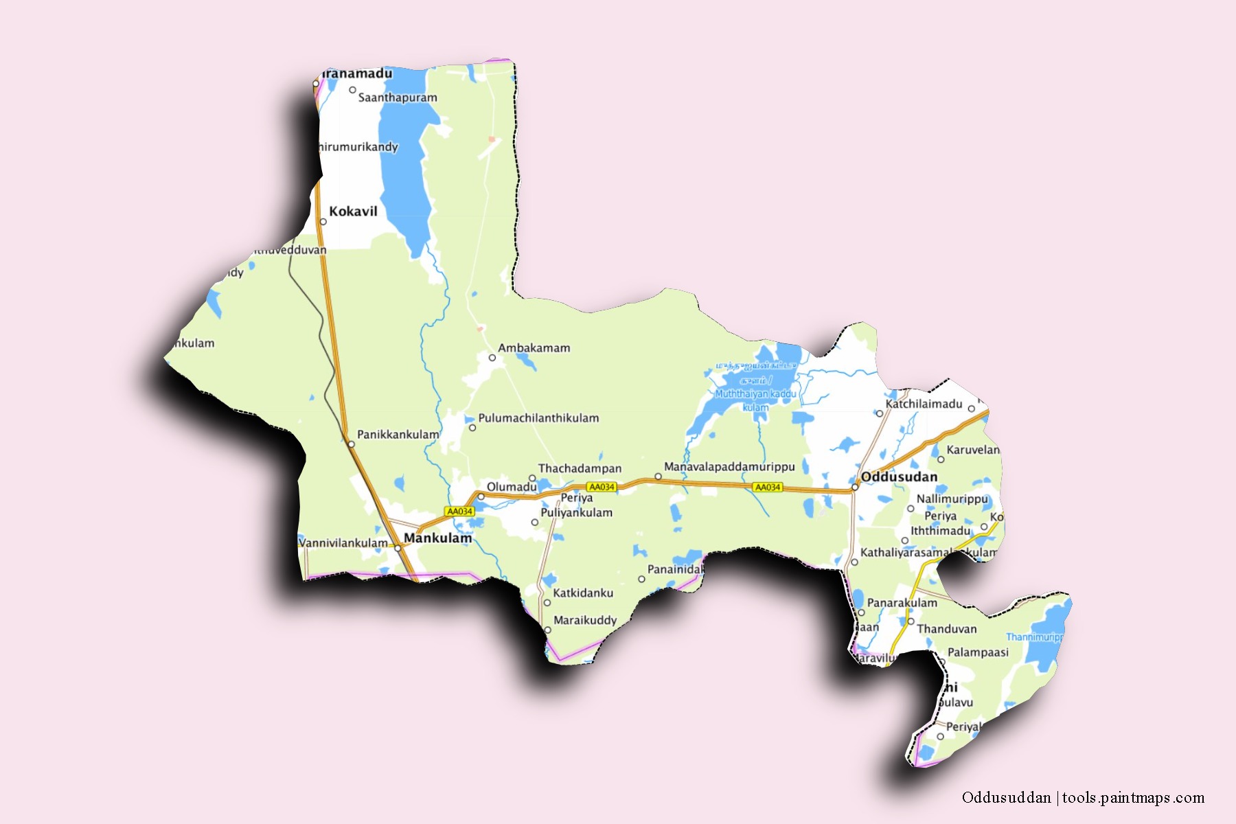 Mapa de barrios y pueblos de Oddusuddan con efecto de sombra 3D