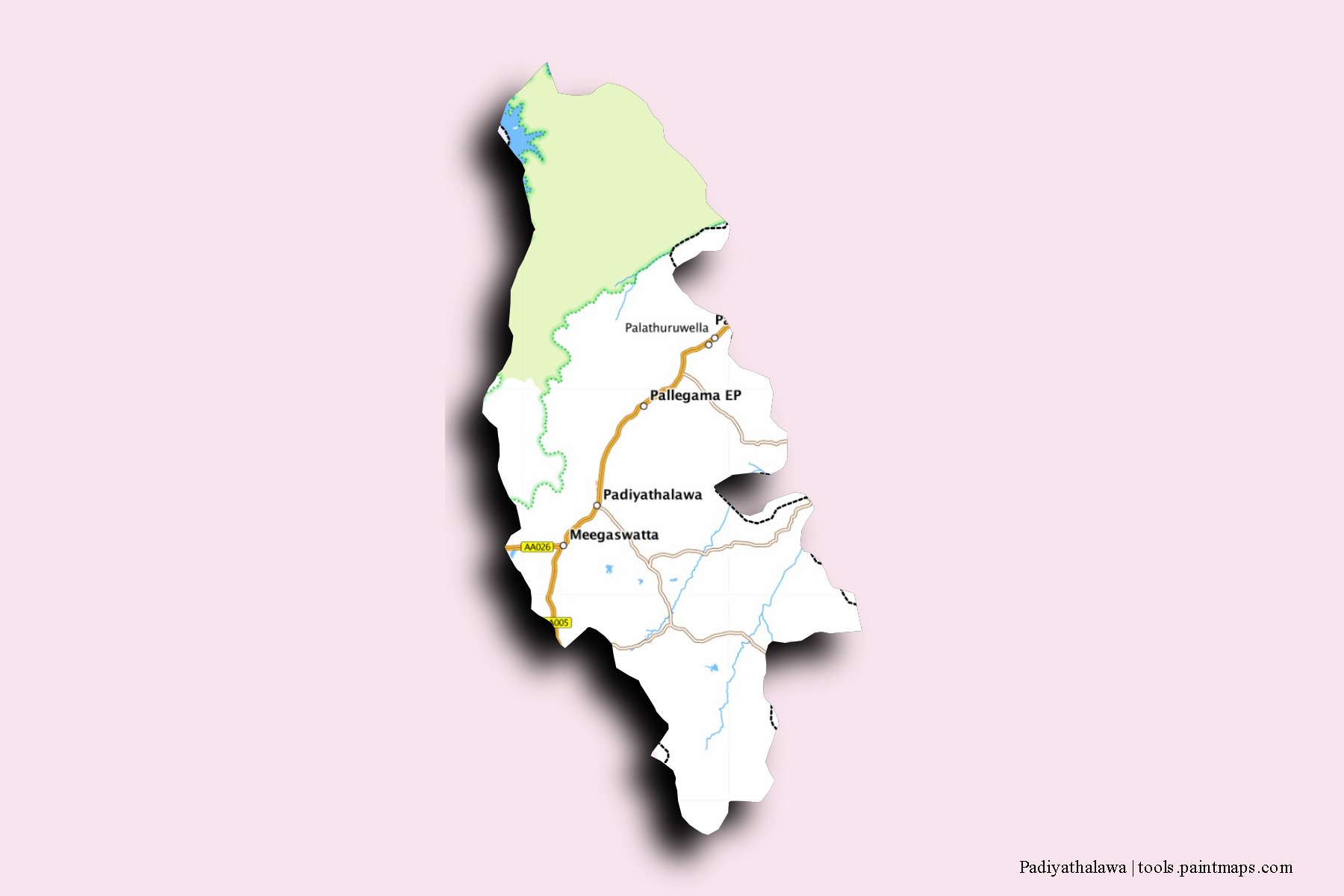 Mapa de barrios y pueblos de Padiyathalawa con efecto de sombra 3D